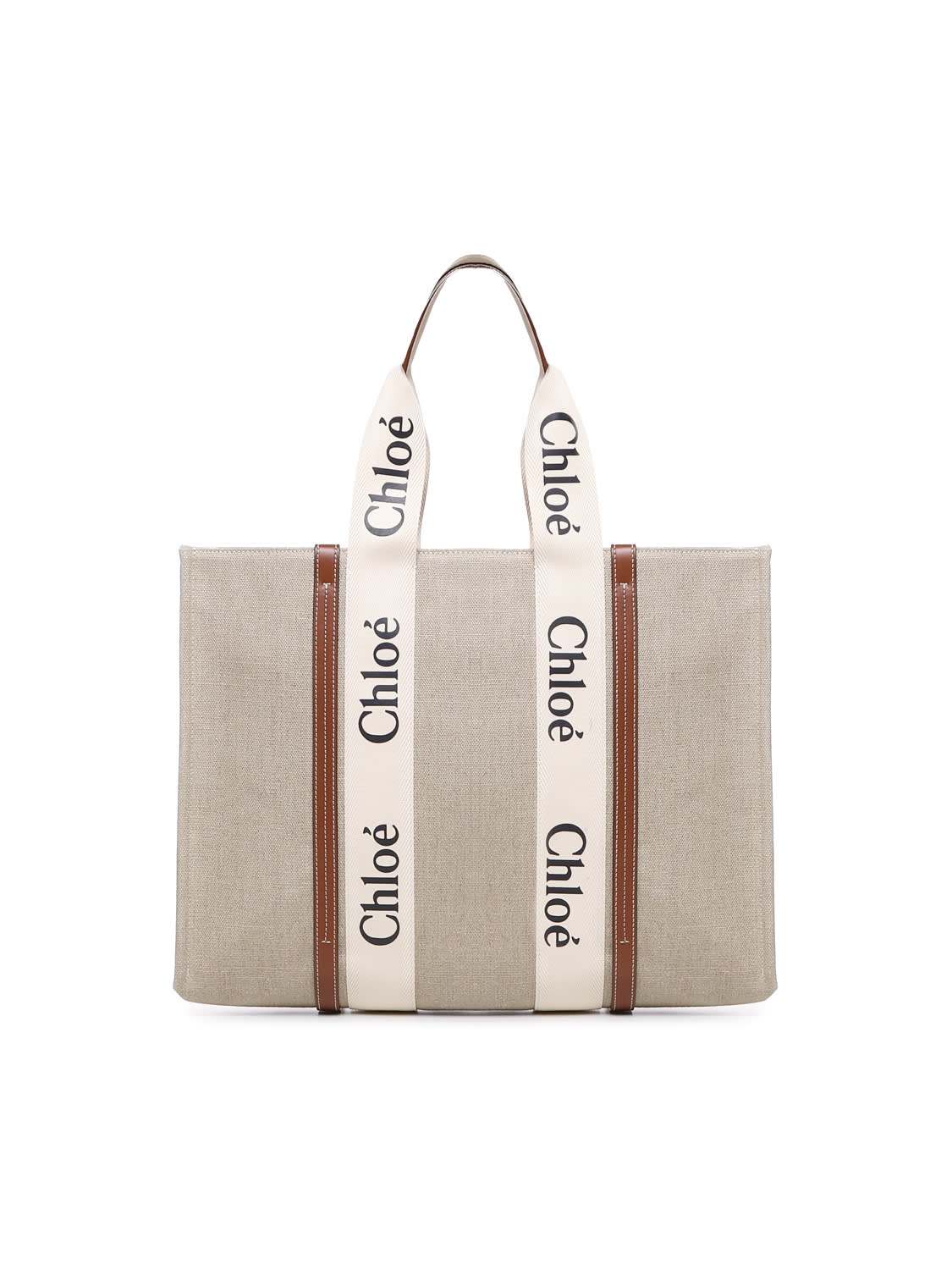 Shop Chloé Large Woody Tote Bag In Linen In White - Brown 1