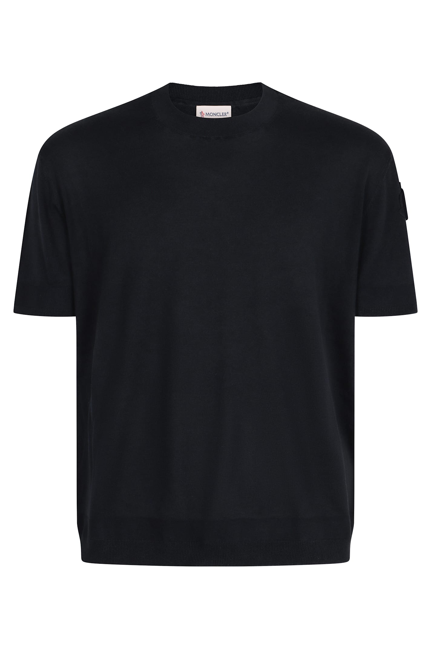 Moncler Crew Neck Silk T-shirt With Ribbed Cuffs In Blue