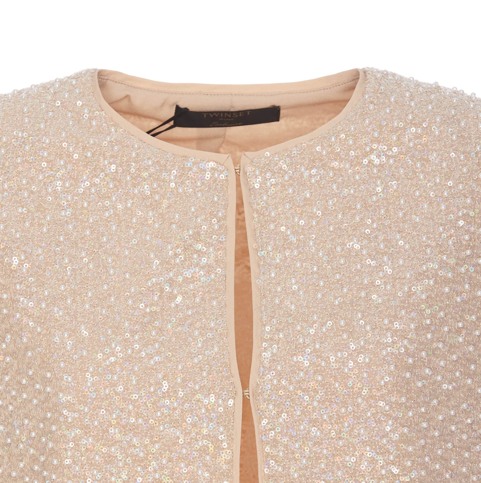 Twinset Beige Sequin Jacket With All-over Fau-pearl Embellishments In Tech Fabric Woman In Beige