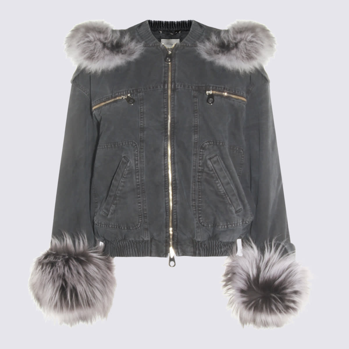 Blumarine Hooded Jacket With Faux Fur Trim In Gray