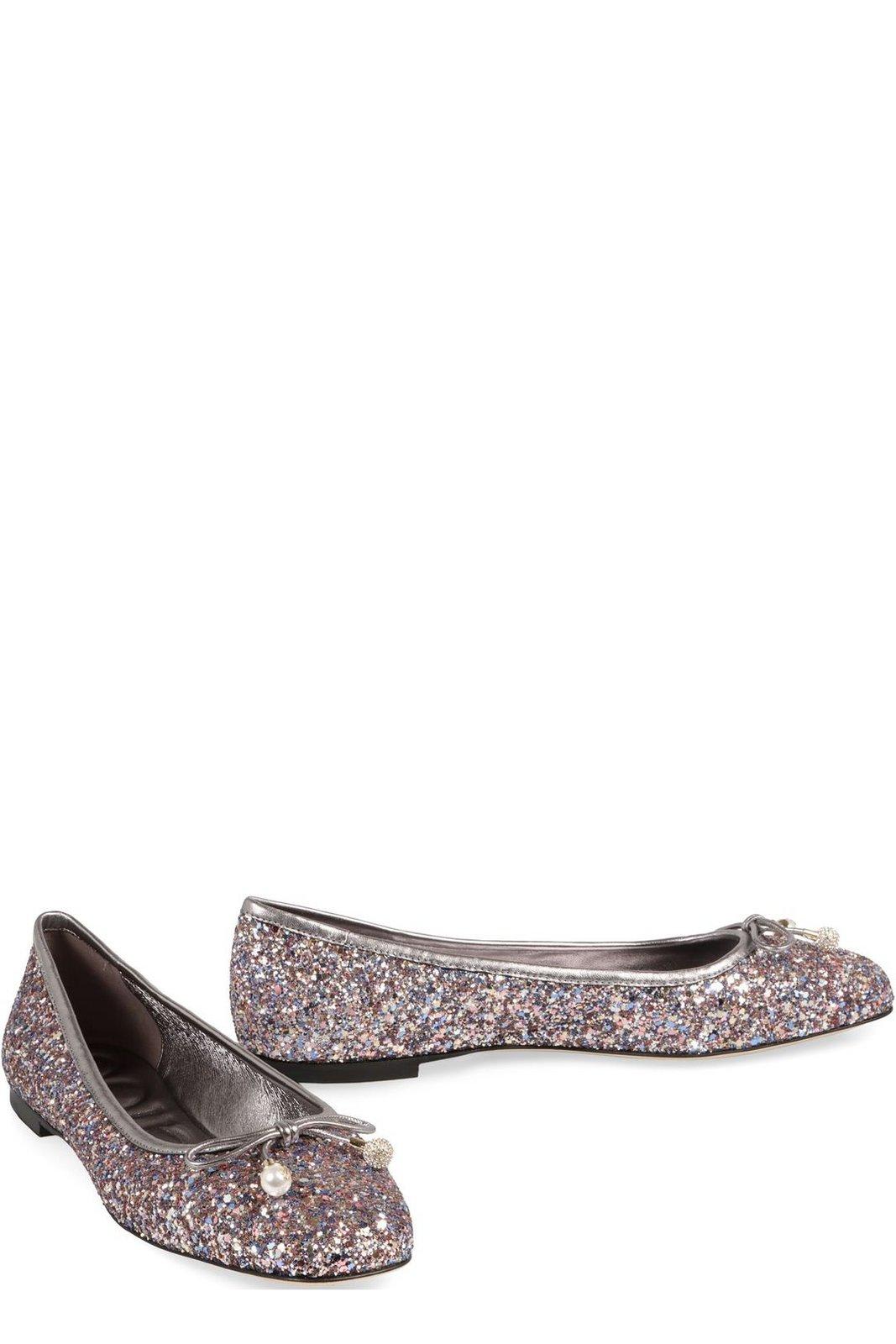 Shop Jimmy Choo Glittered Bow-embellished Flat Shoes In Silver