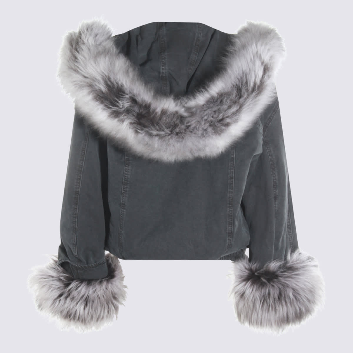 Blumarine Hooded Jacket With Faux Fur Trim In Gray