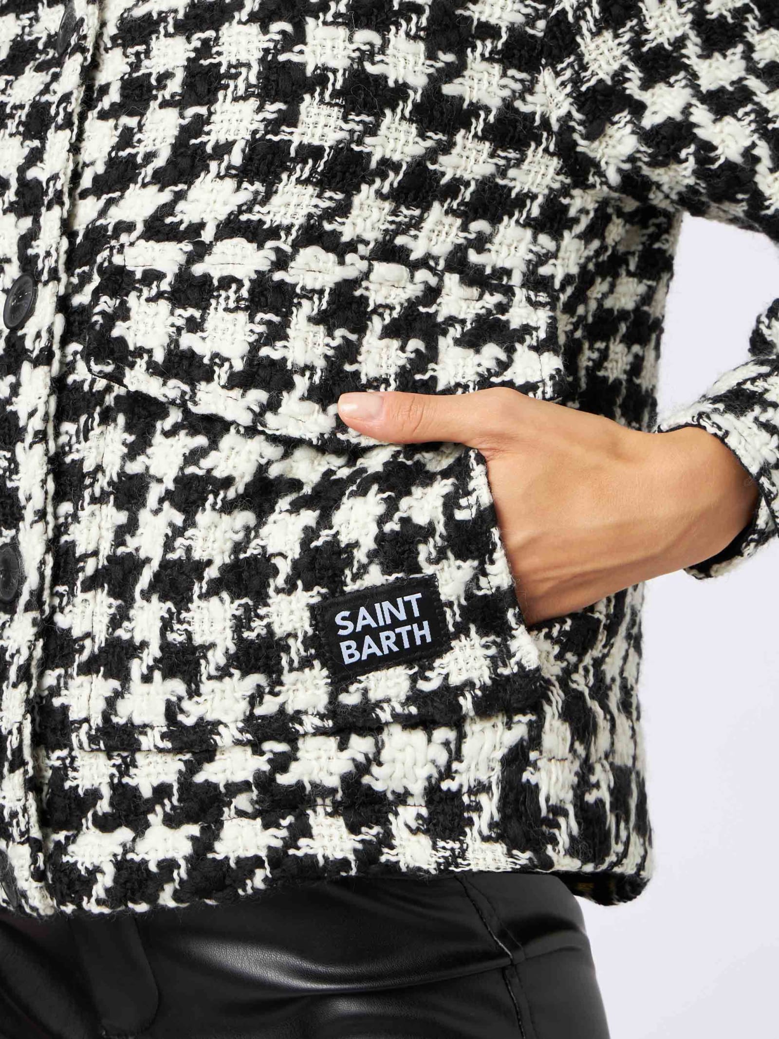 Shop Mc2 Saint Barth Woman Cropped Overshirt With Pied De Poul Print In Black