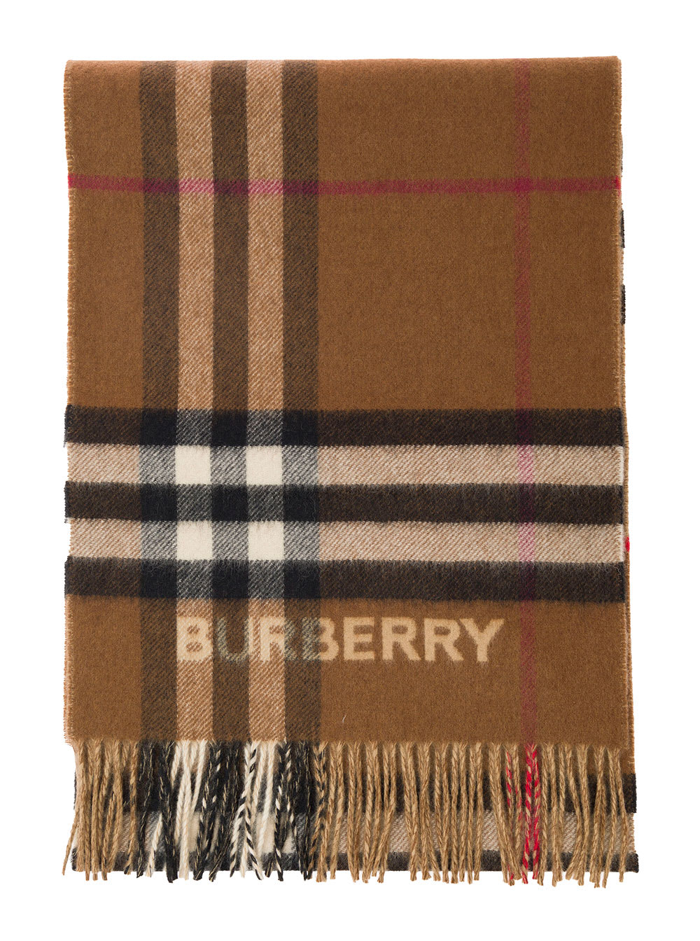 BURBERRY BEIGE SCARF WITH VINTAGE CHECK MOTIF AND FRINGED HEM IN CASHMERE MAN