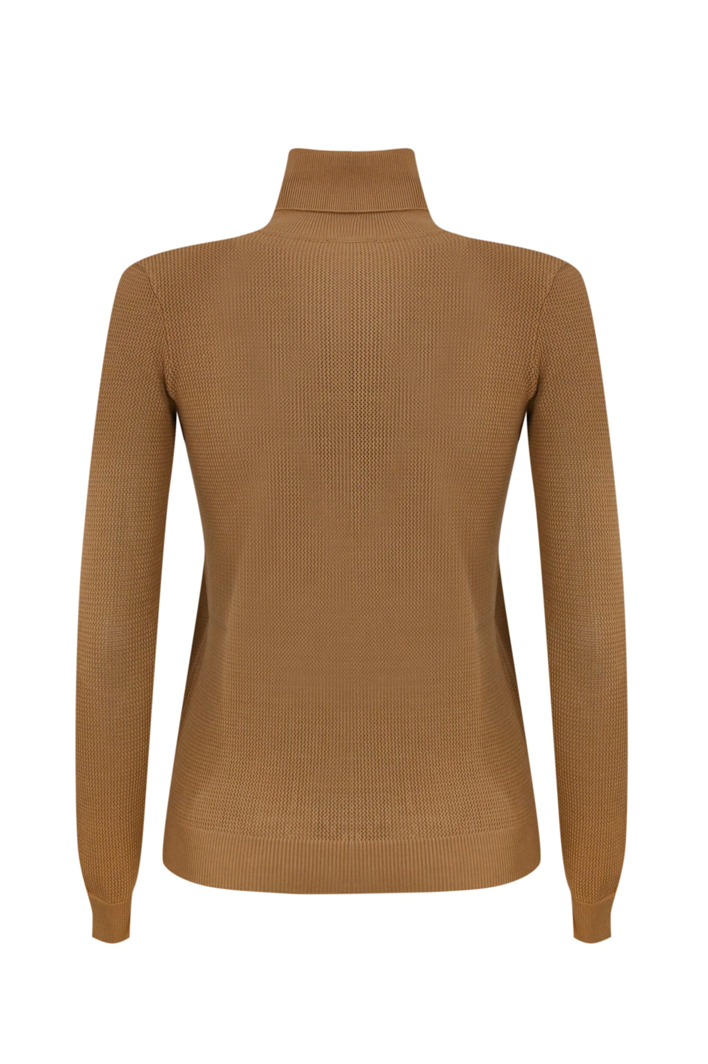 Shop Elisabetta Franchi Turtleneck In Mesh Stitch Viscose Knit With Logo Inlay In Camel