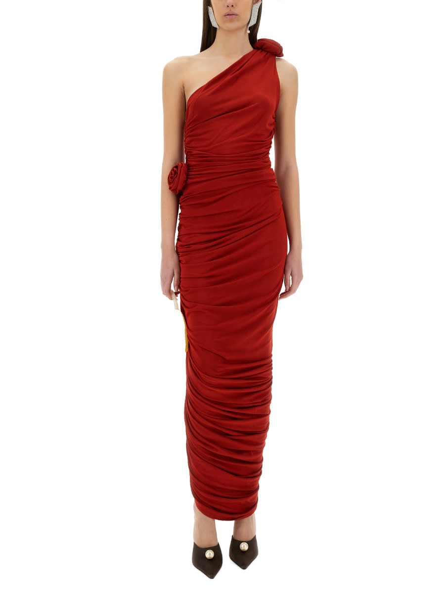 Magda Butrym Single Shouldered Ruched Top With Floral Detail In Red