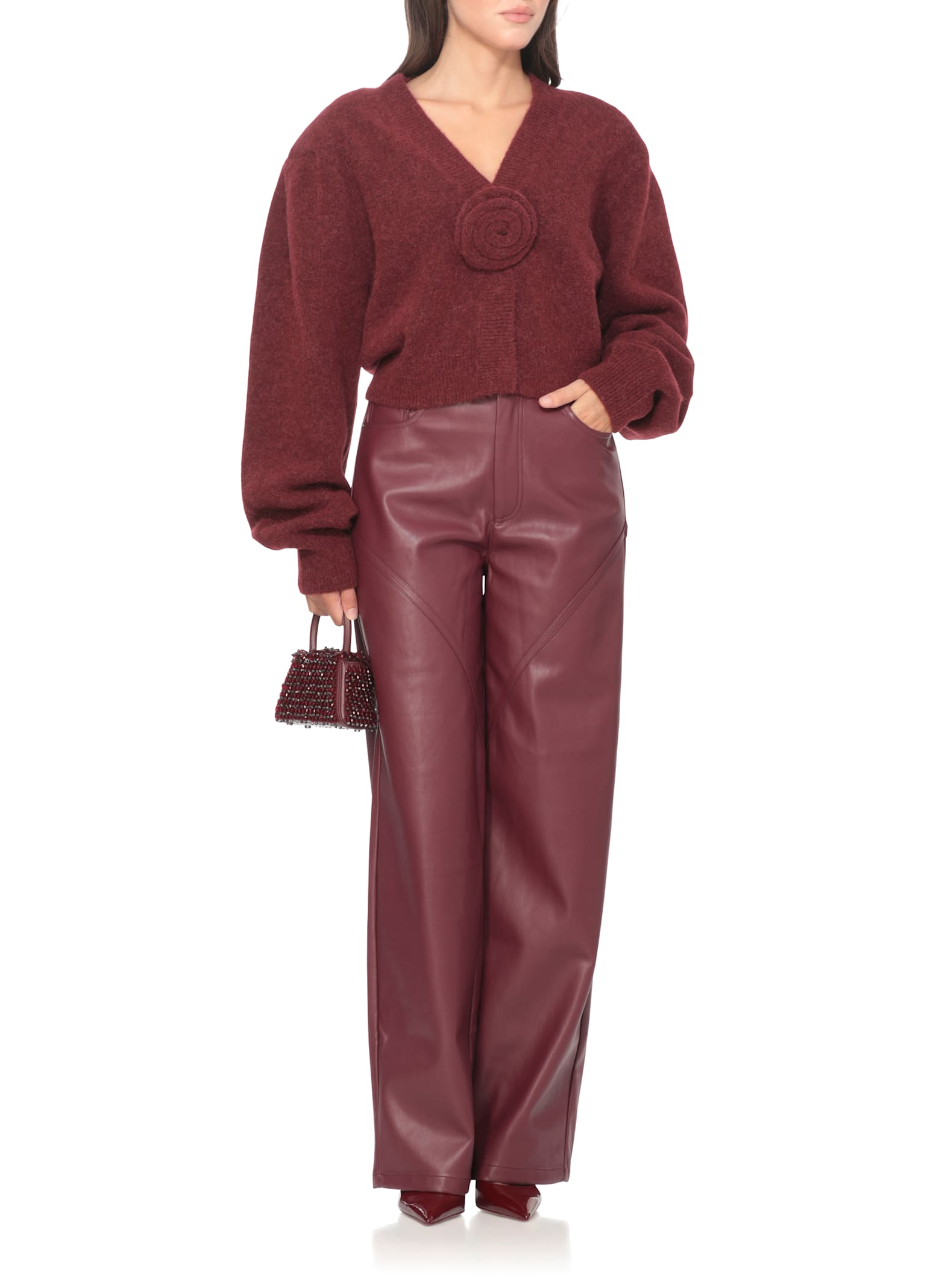 Rotate Birger Christensen Rose-embellished Puff-sleeve Cardigan In Brown