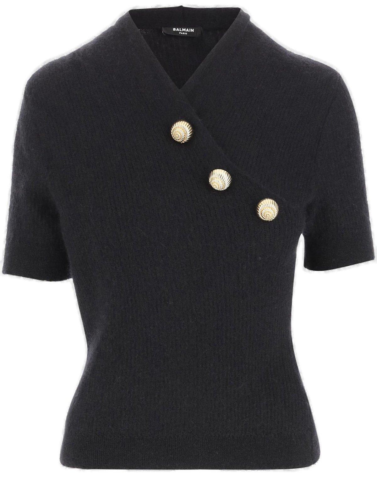 Shop Balmain Button Detailed Knit Short-sleeve T-shirt In Black