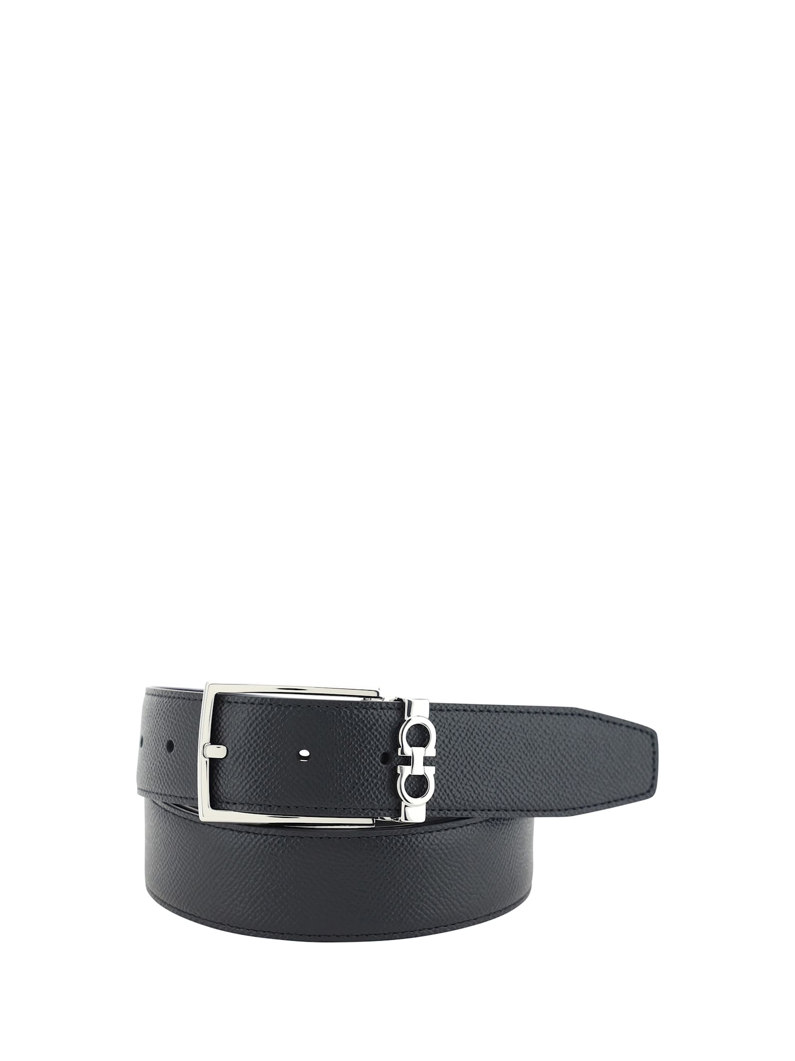 Ferragamo Black Reversible Belt With Gancini Buckle Belt In Grained Leather Man In Black