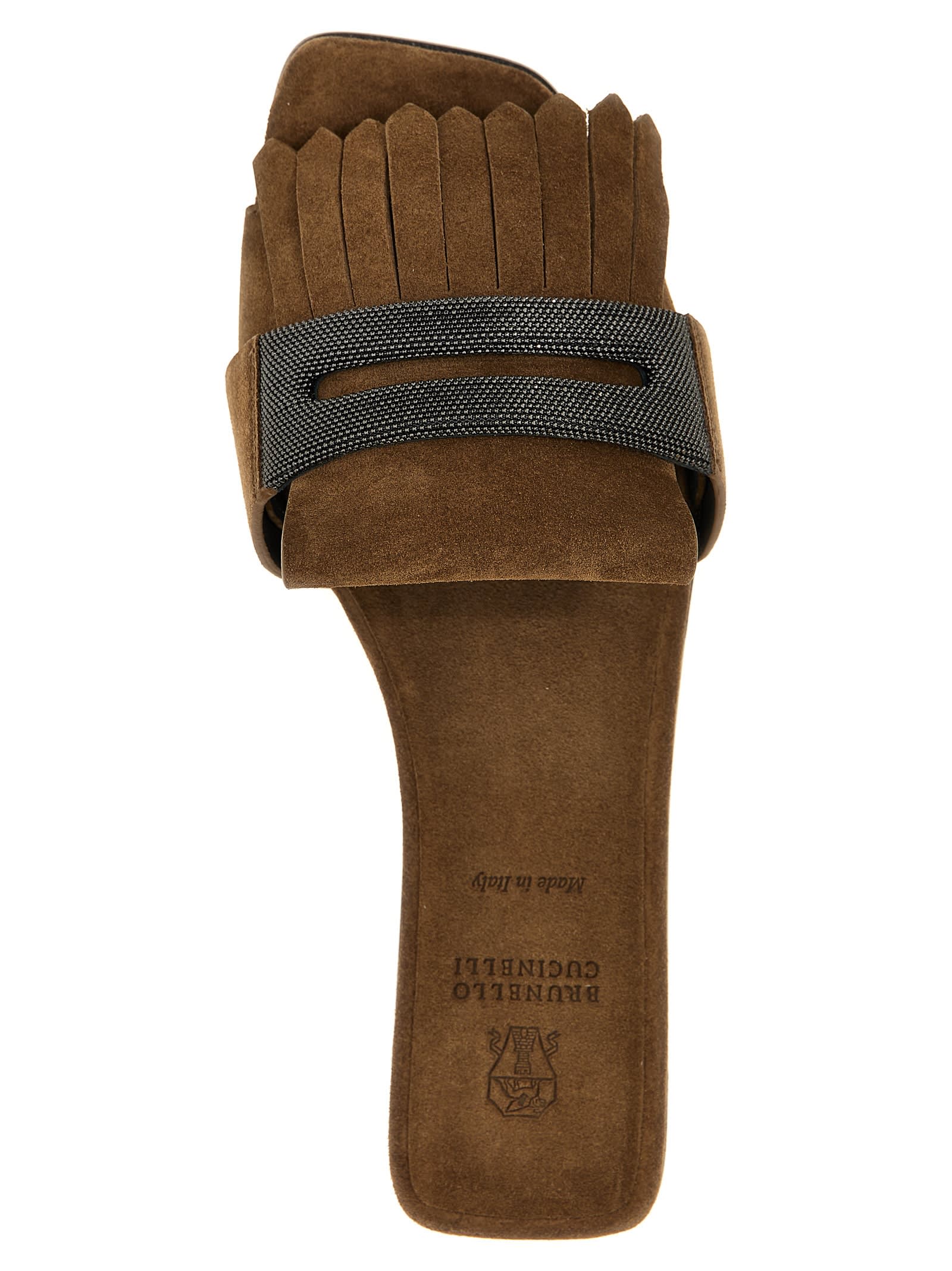 Brunello Cucinelli Fringed Flat Sole Open Toe Sandal In Beige