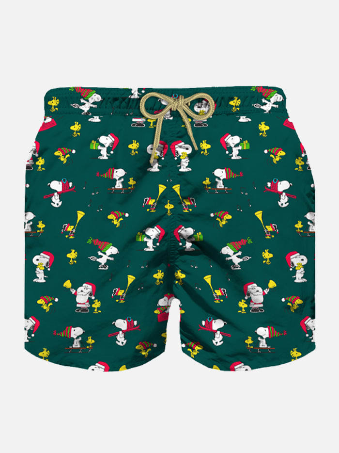 Mc2 Saint Barth Man Light Fabric Swim Shorts With Snoopy Padel Print Snoopy - Peanuts Special Edition In Green