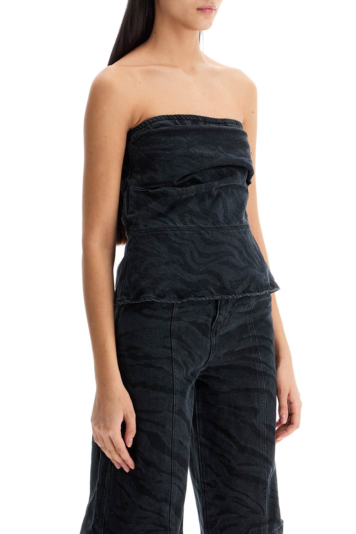Rotate Birger Christensen Zebra Print Cotton Denim Top In Black - Washed (black)