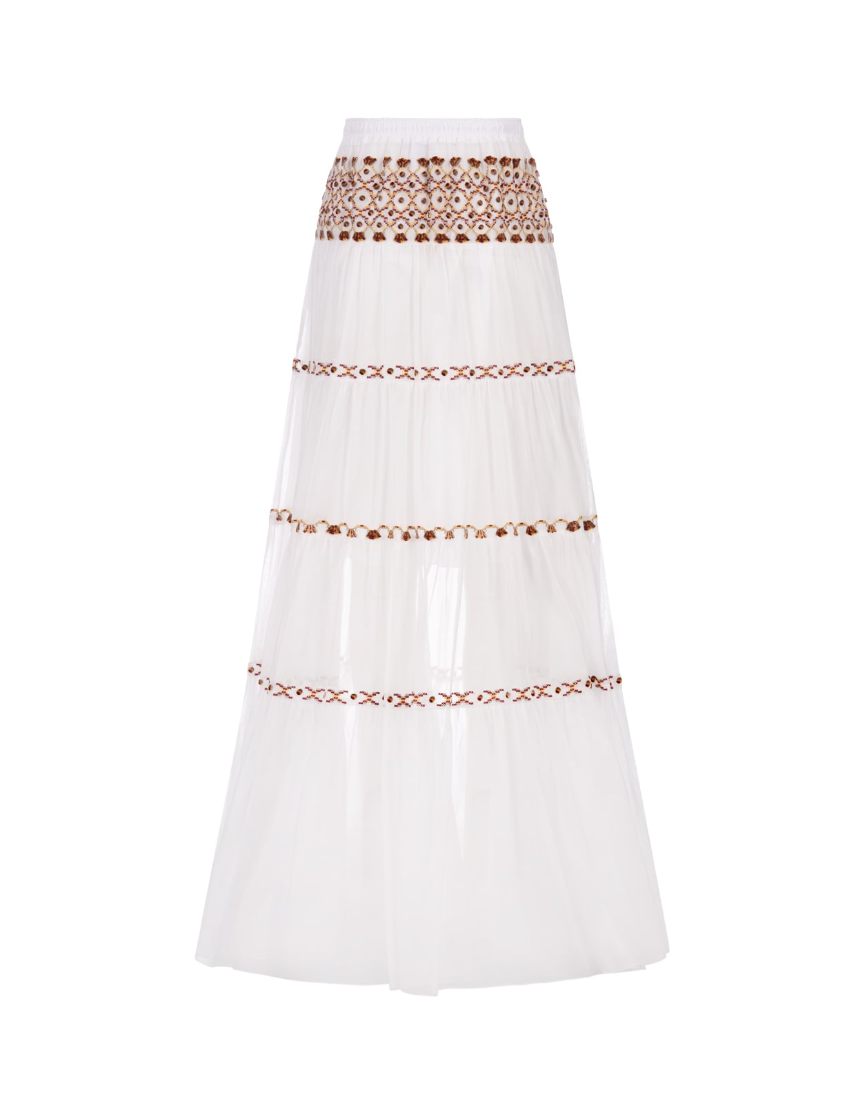 Shop Ermanno Scervino White Muslin Long Skirt With Ethnic Embroidery