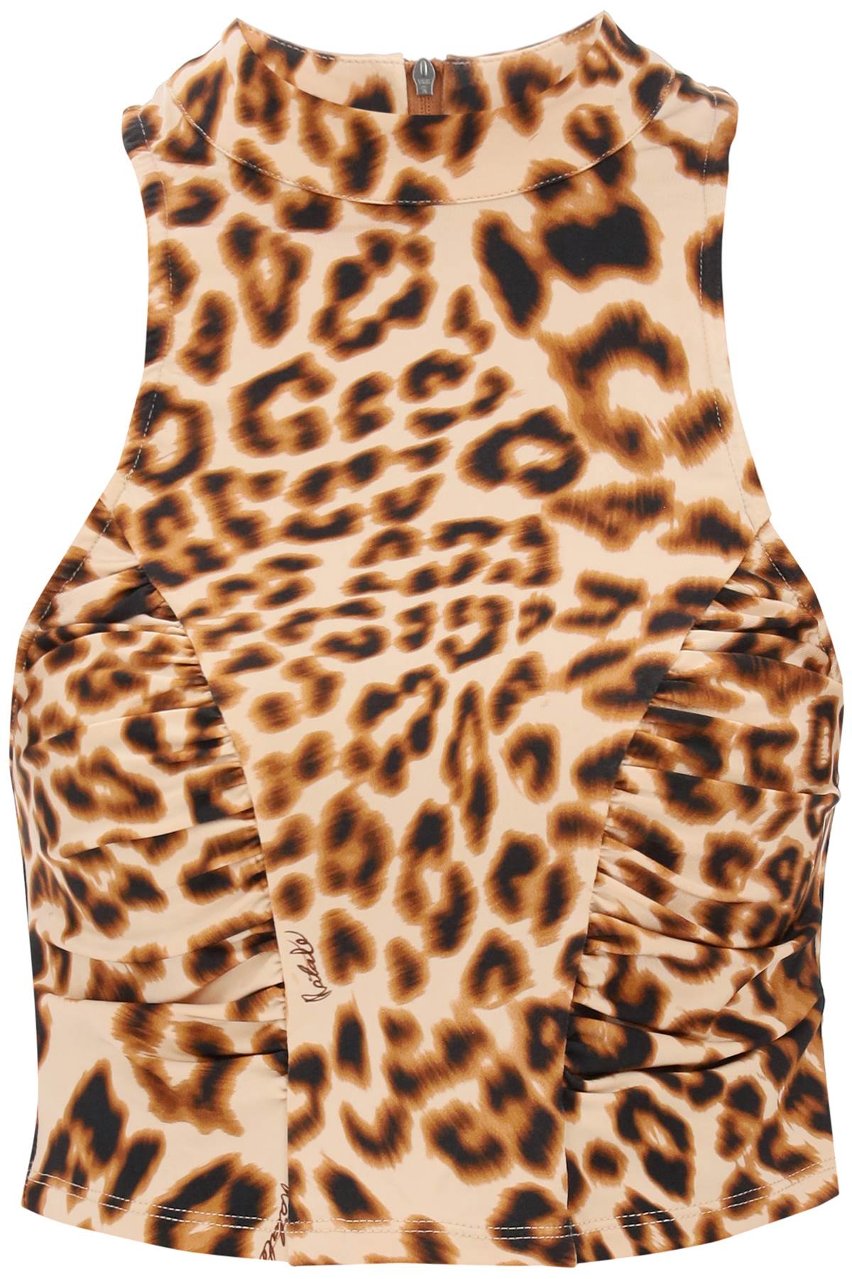 Shop Rotate Birger Christensen Leopard Print Jersey Crop Top In Almond Comb (beige)