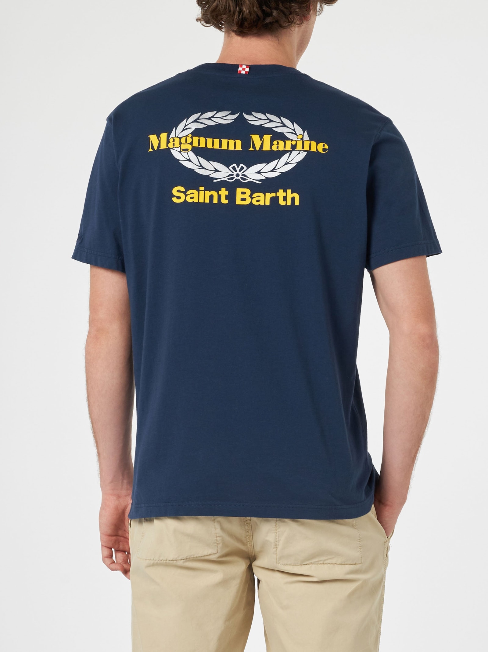 Shop Mc2 Saint Barth Man Cotton T-shirt With Magnum Marine & Saint Barth Front And Back Print Magnum Marine Special Editi In Blue