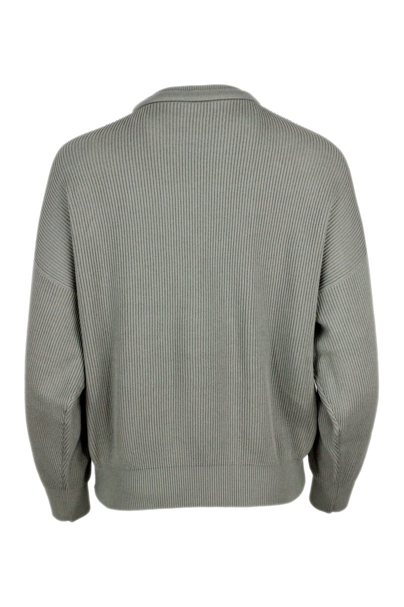 Shop Brunello Cucinelli Half English Rib Crew Neck Sweater With Neck Ties With Contrasting Colored Monili In Green