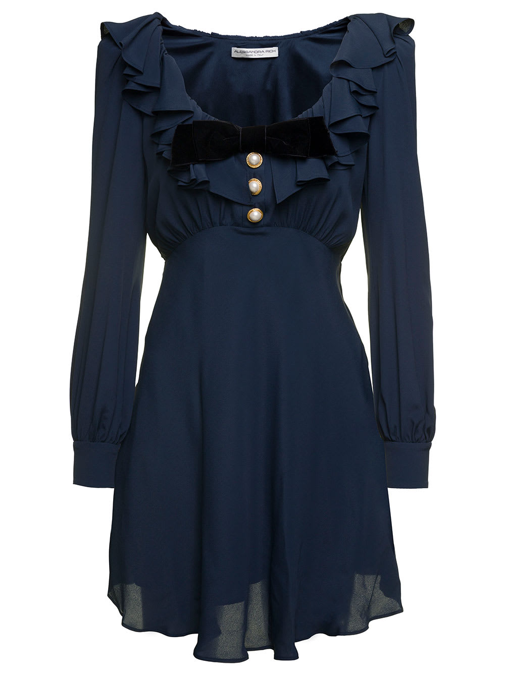 Shop Alessandra Rich Blue Mini Dress With Volant Collar And Velvet Bow In Acette Blend Woman