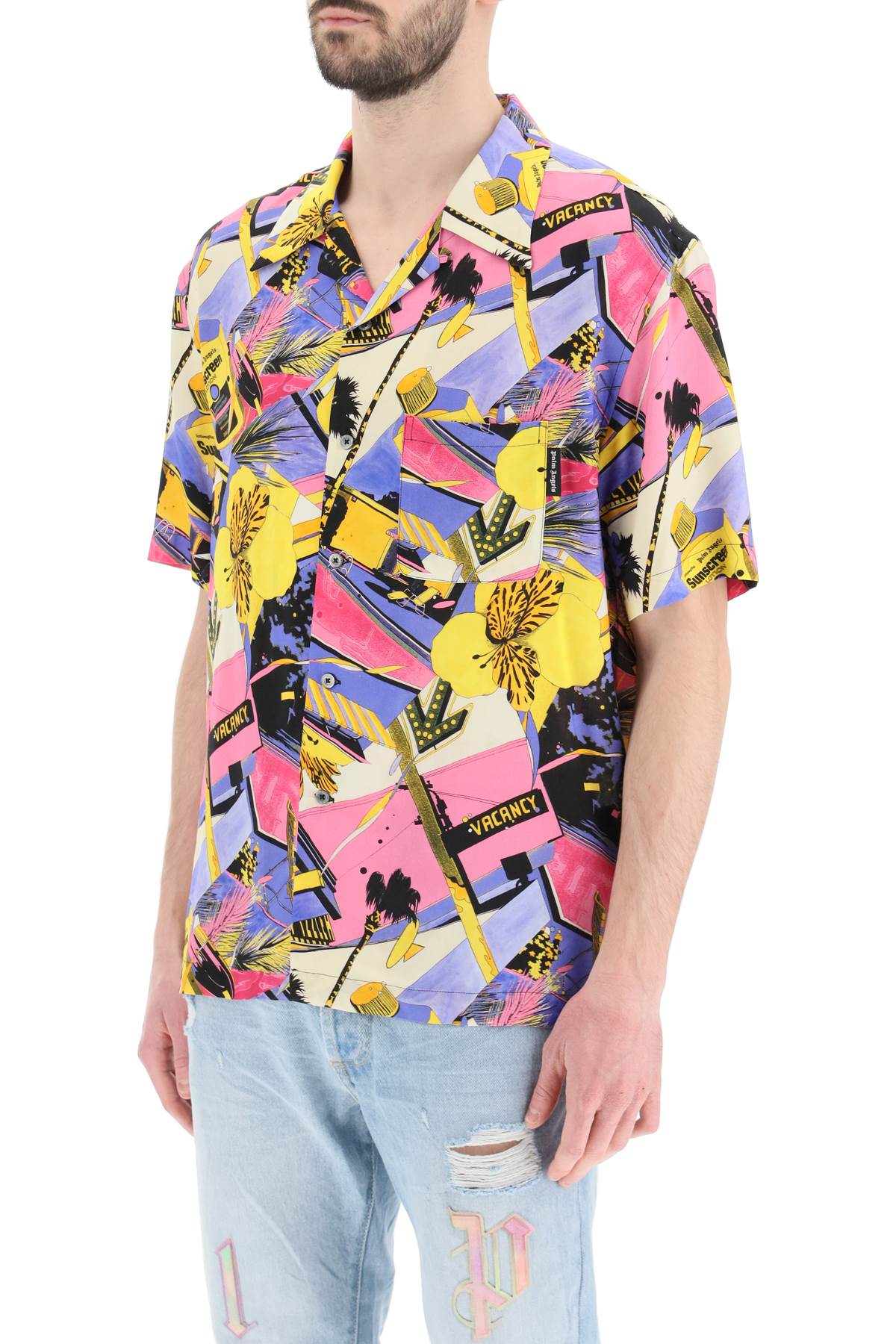 Shop Palm Angels Bowling Shirt With Miami Mix Print