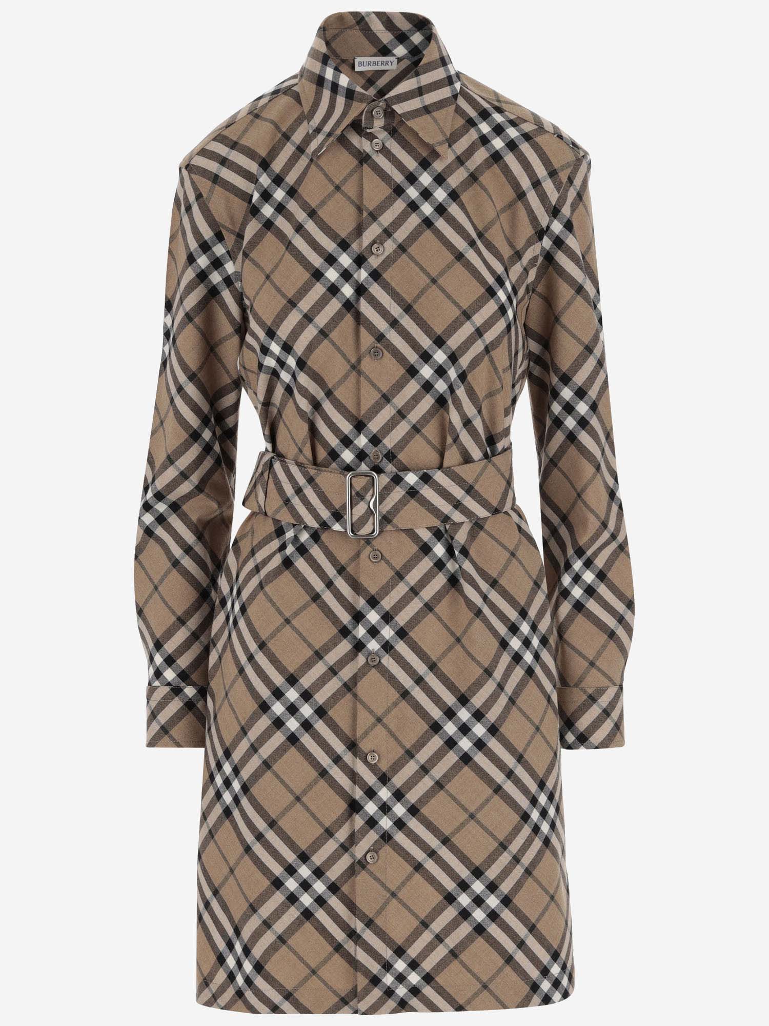 Shop Burberry Wool Blend Dress With Check Pattern In Beige