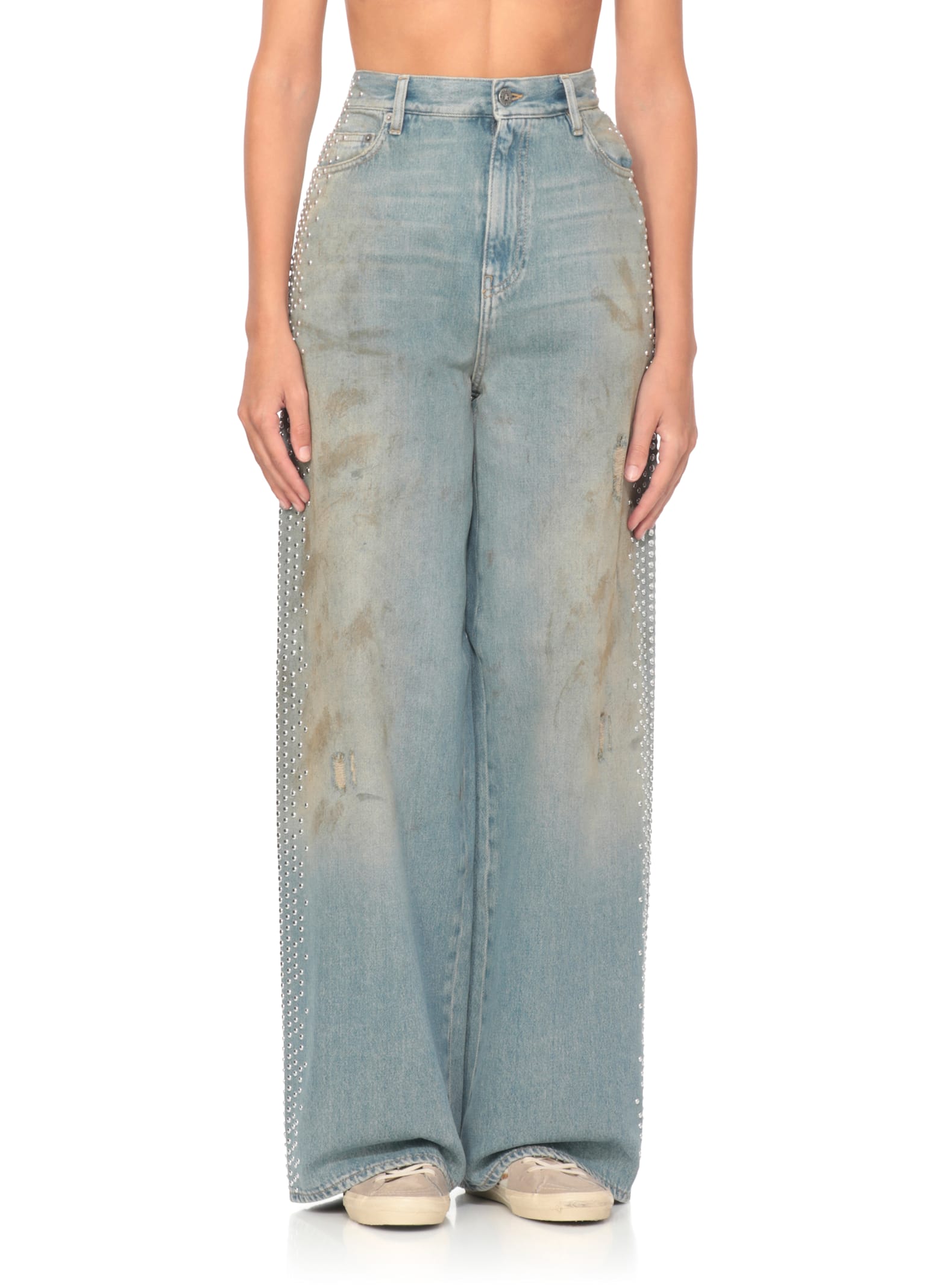 Golden Goose Distressed Boyfriend Fit Trousers With Studded Detailing In Blue