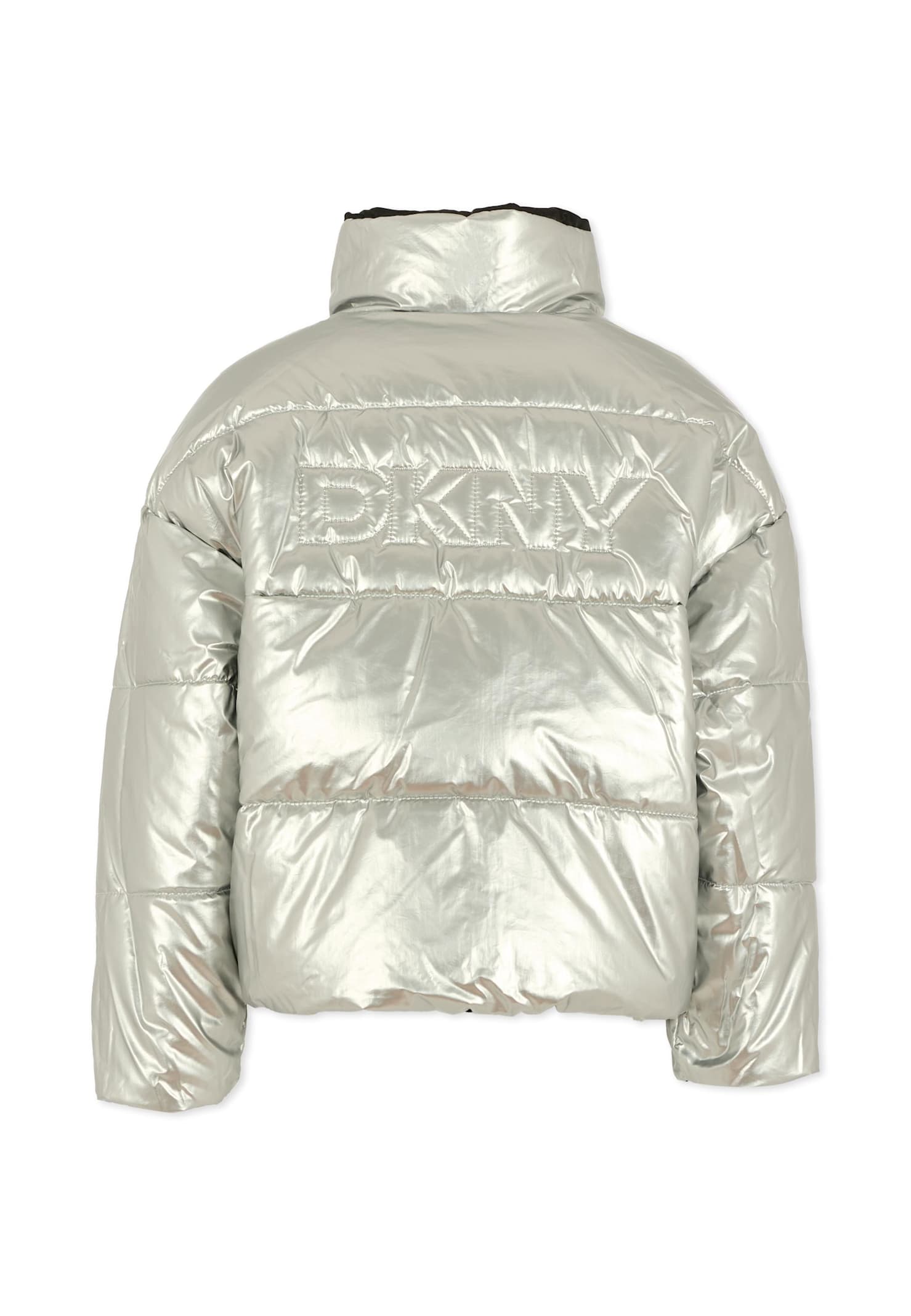 Dkny Reversible Black Down Jacket For Girl With Logo In Multi