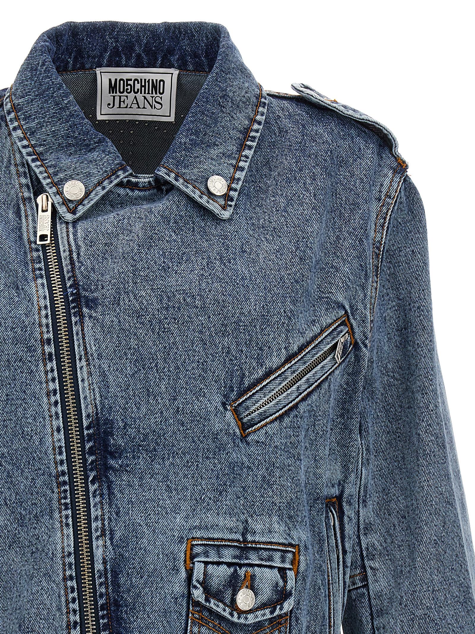 Shop Moschino Crystal Denim Jacket In Blue