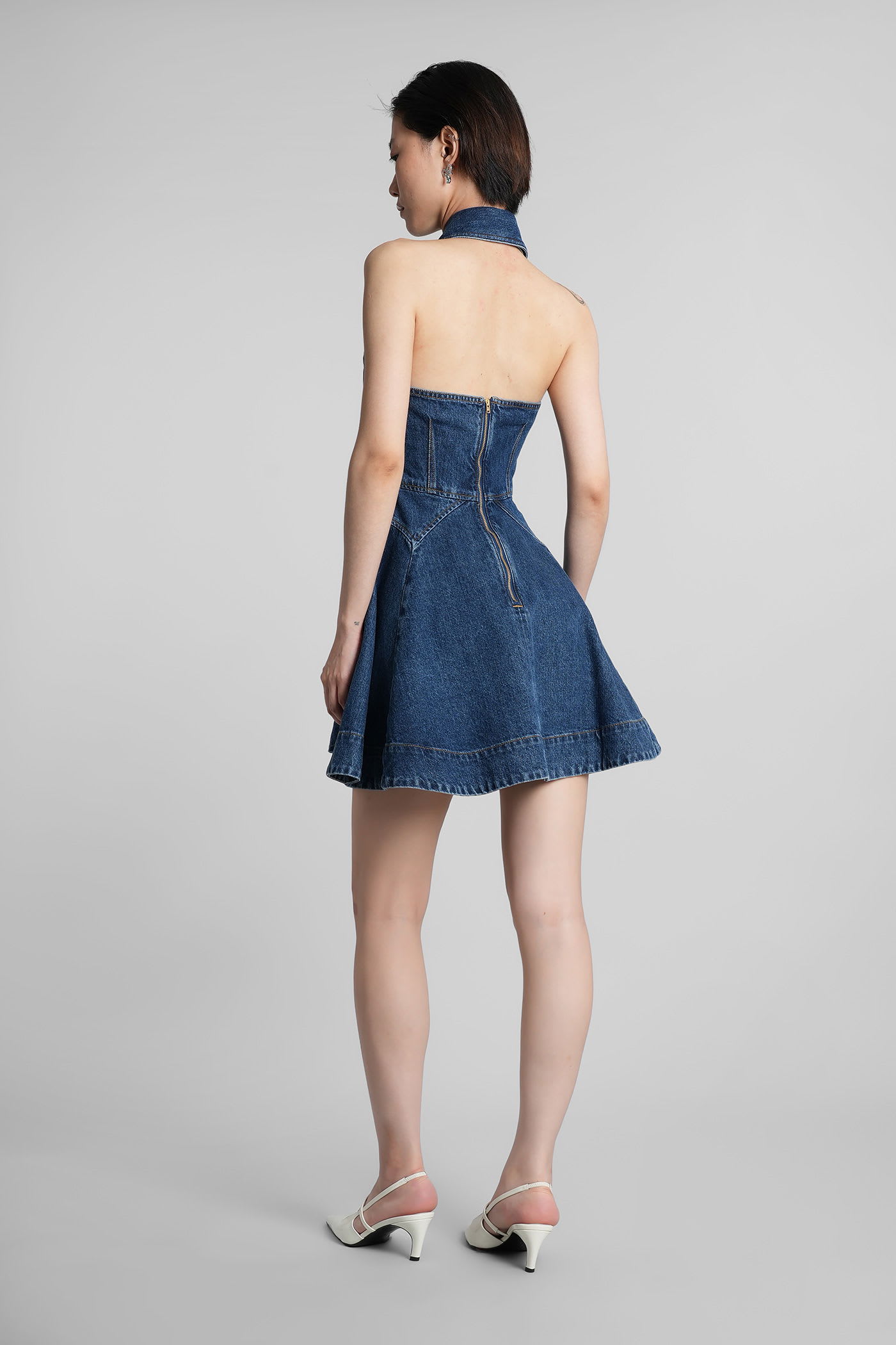 Self-portrait Blue Cotton Denim Flared Mini Dress In Blue
