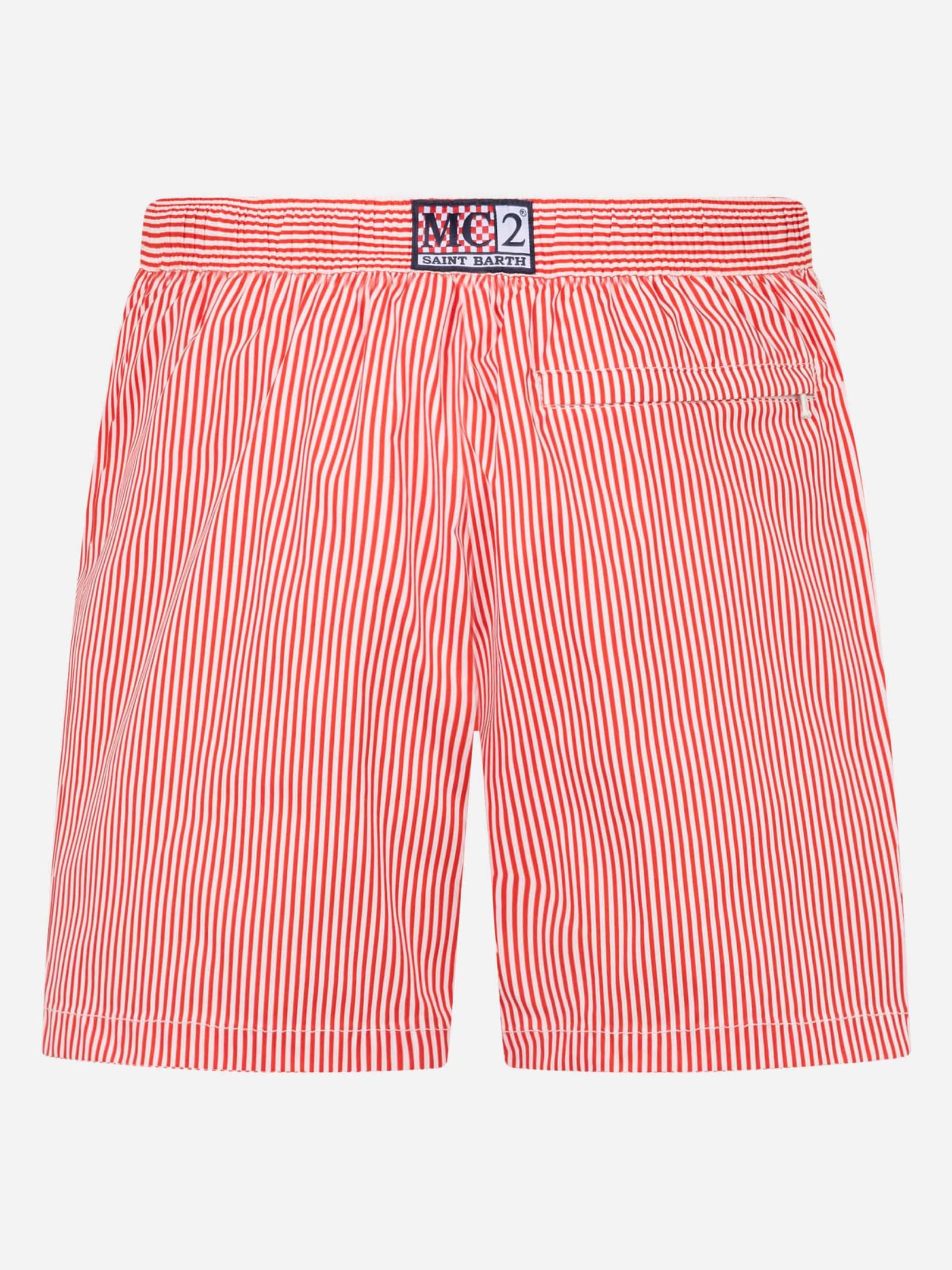 Shop Mc2 Saint Barth Man Seersucker Short-length Swim Shorts Master In Red