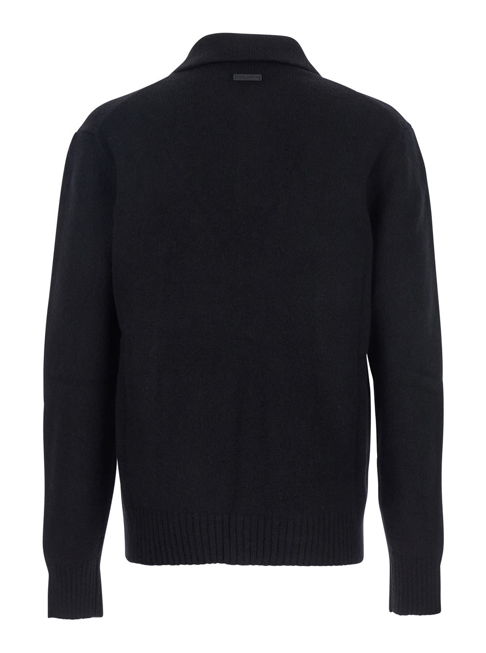 Dolce & Gabbana Men Black Sweater With Polo Collar And Back Logo Patch In Wool Man In Black