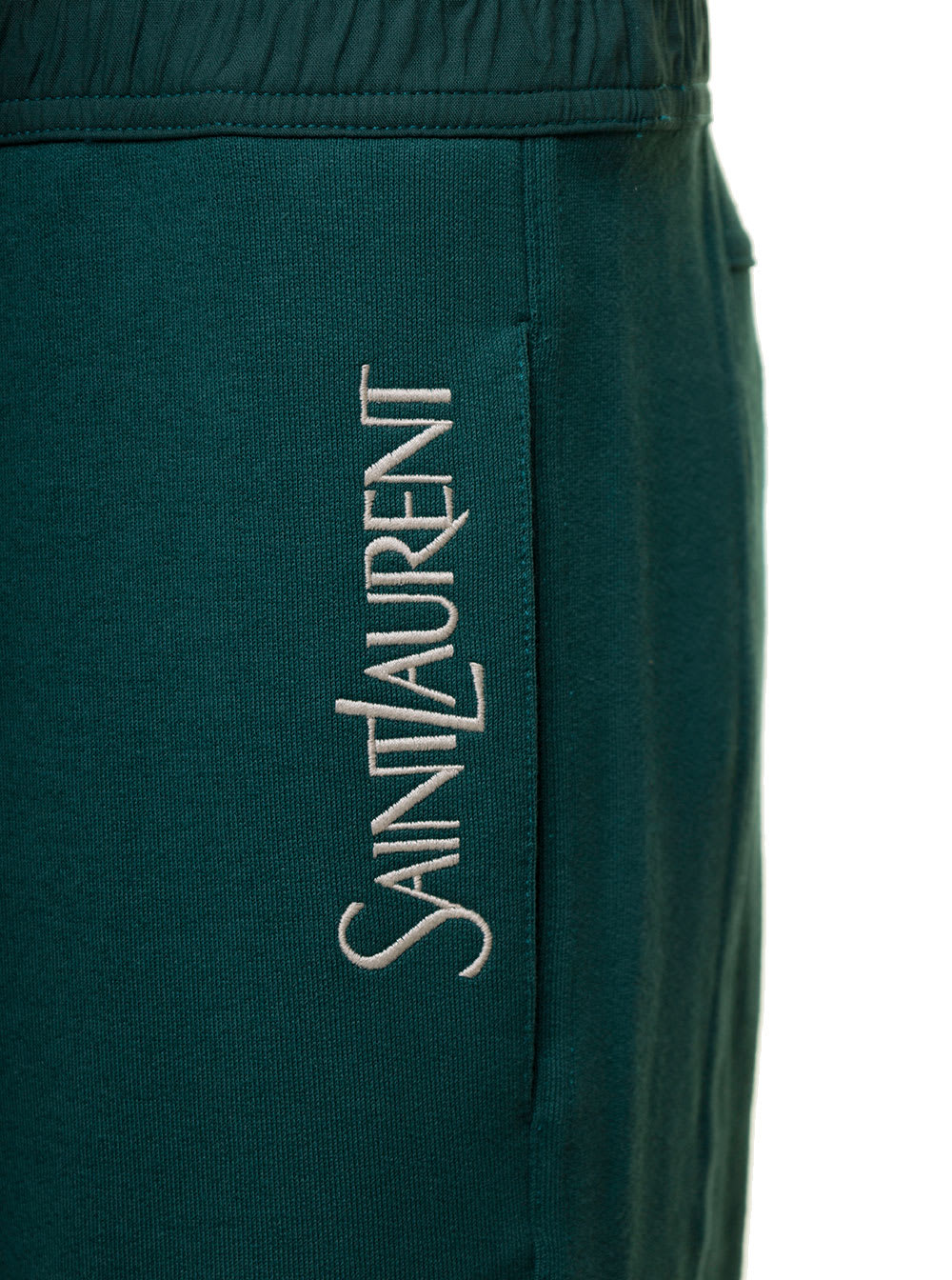Shop Saint Laurent Green Jogging Pants With Drawstring And Logo Embroidery In Cotton Man