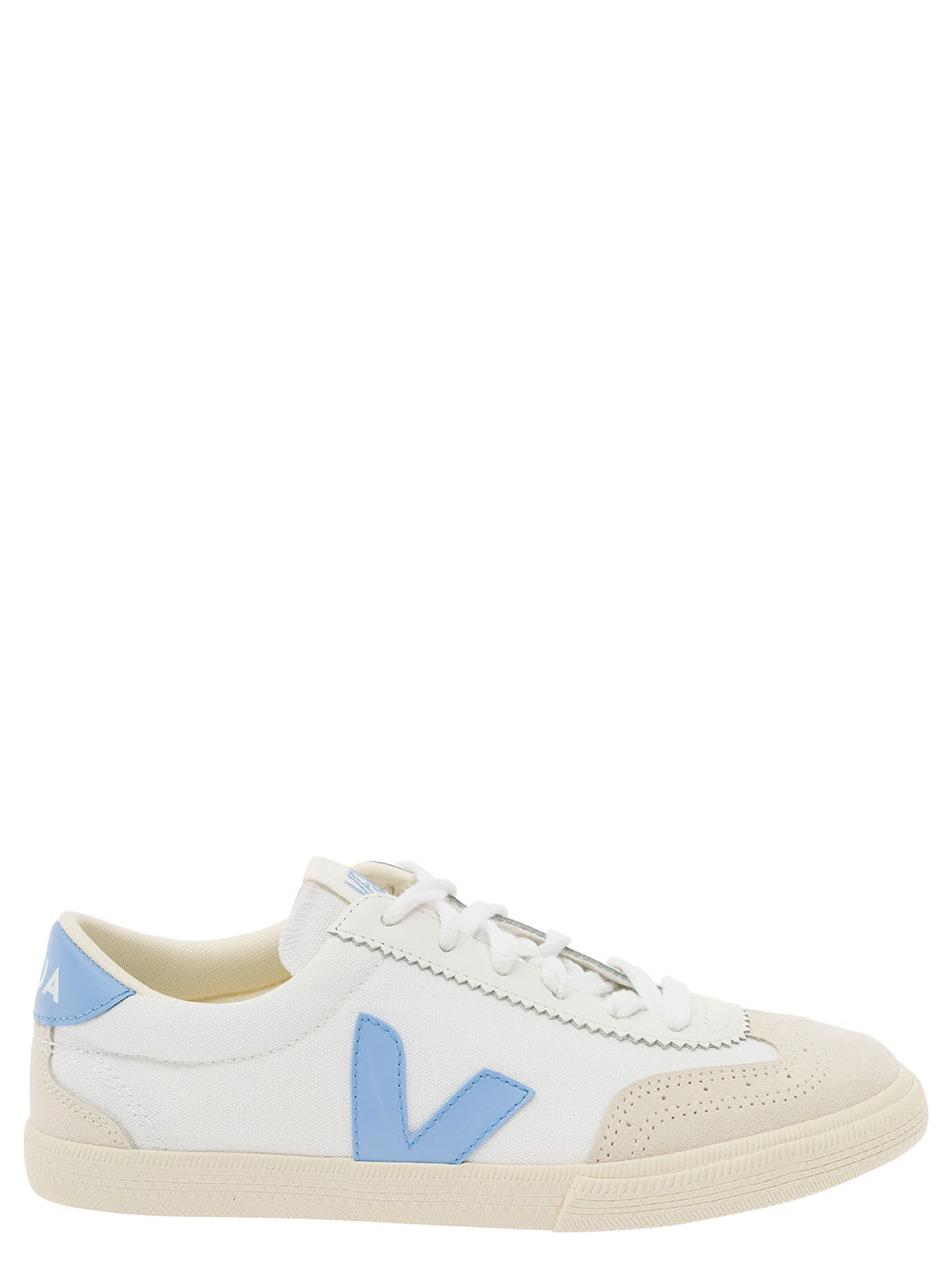 Shop Veja Volley White And Light Blue Low Top Sneakers With V Patch In Bio Cotton Woman