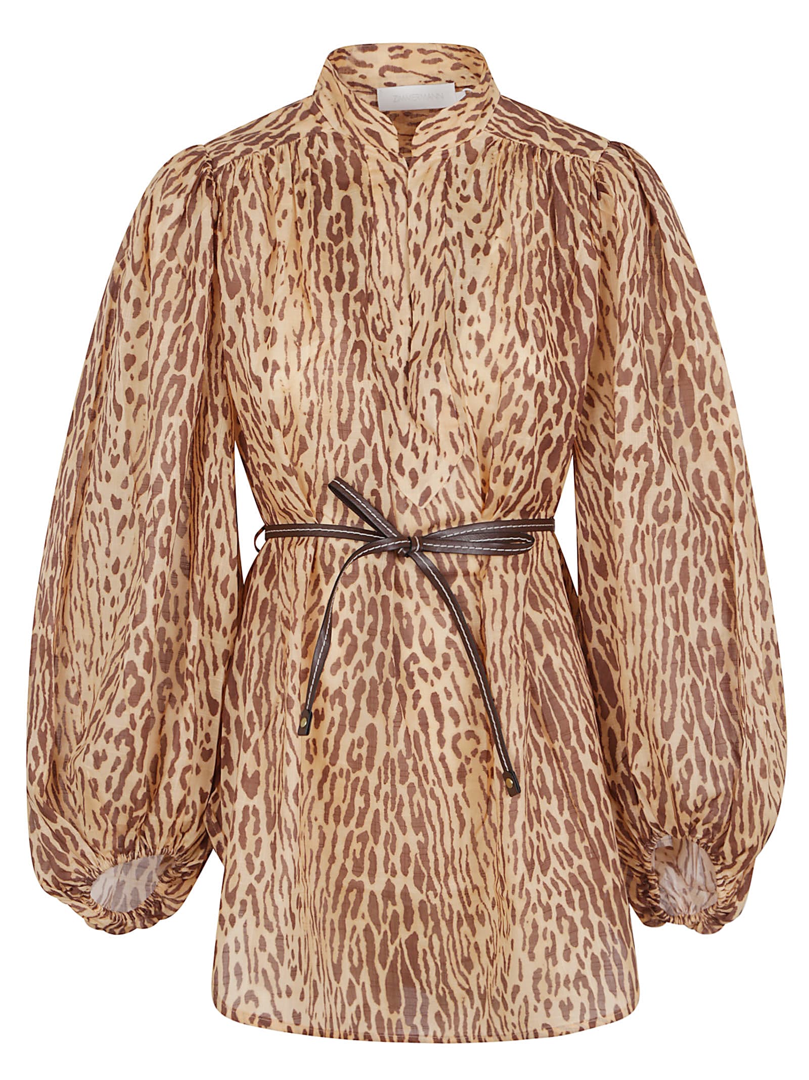 Zimmermann Cascadian Beige Tunic Dress With Stand-up Collar And All-over Leopard Print In Linen Woman In Brown