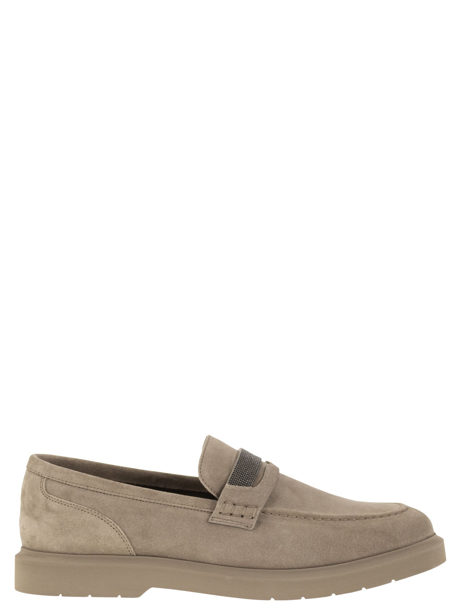 Shop Brunello Cucinelli Suede Penny Loafer With Jewellery In Beige