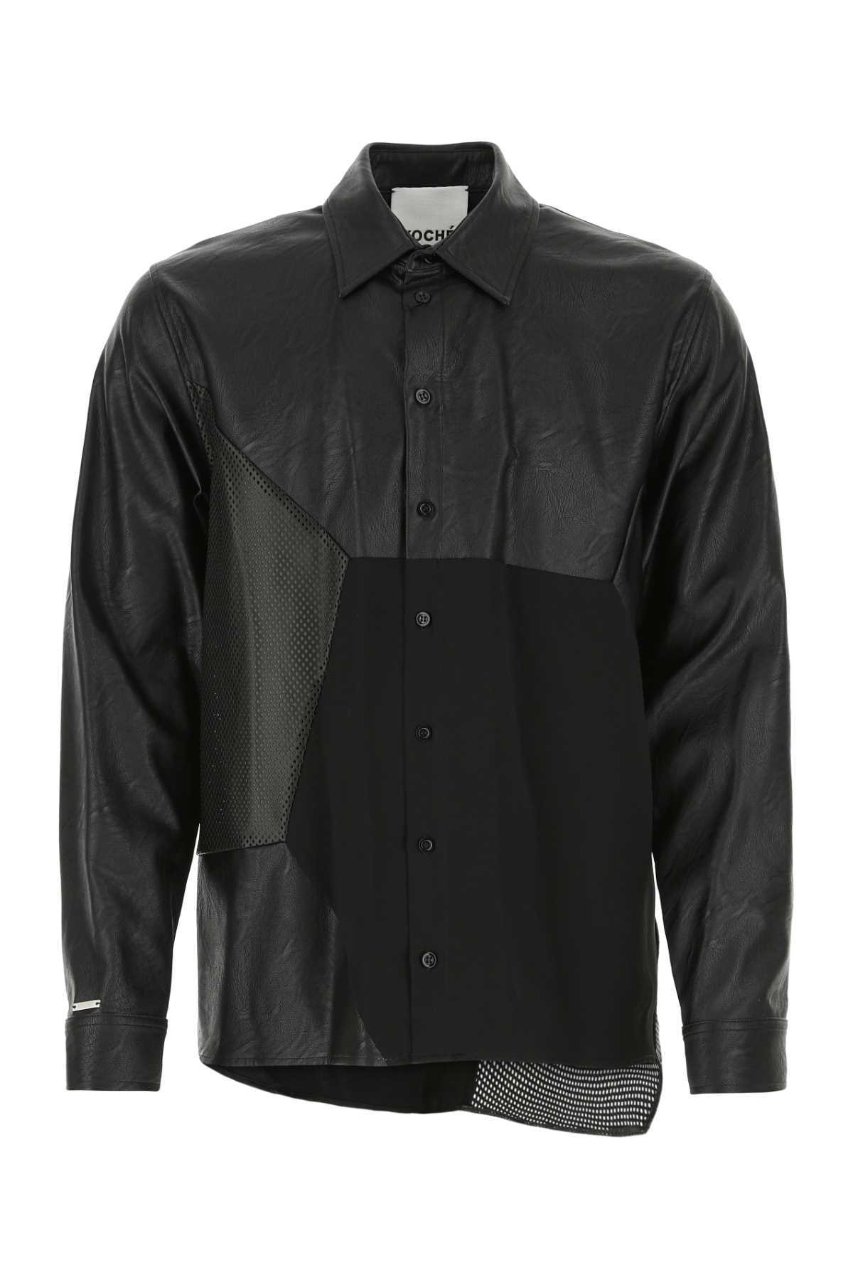 Black Synthetic Leather And Satin Shirt