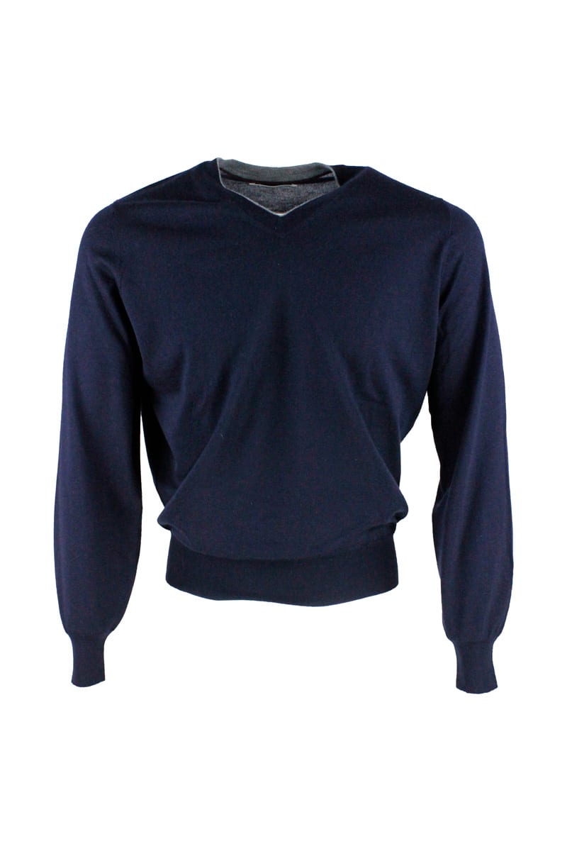 Brunello Cucinelli V-neck Sweater In Cashmere Silk With Contrasting Color Profile