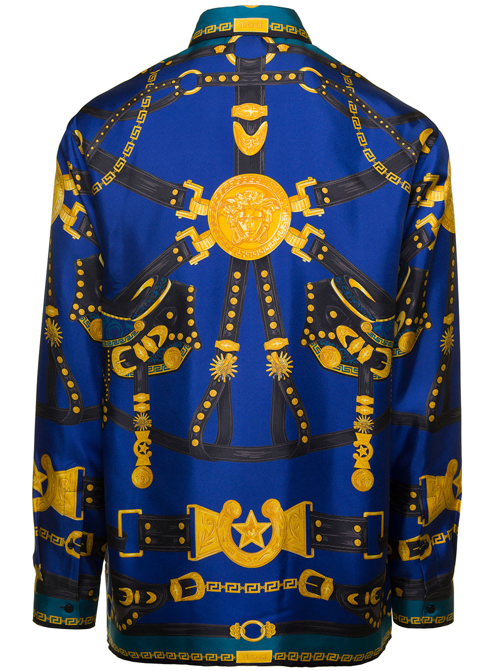 VERSACE BLUE SHIRT WITH HARNESS DETAIL AND MEDUSA PRINT IN SILK MAN