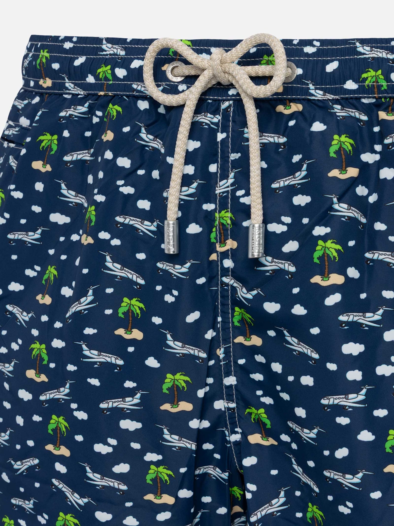 Mc2 Saint Barth Lightweight Fabric Swim Shorts Lighting With Palms And Planes Print In Blue Navy