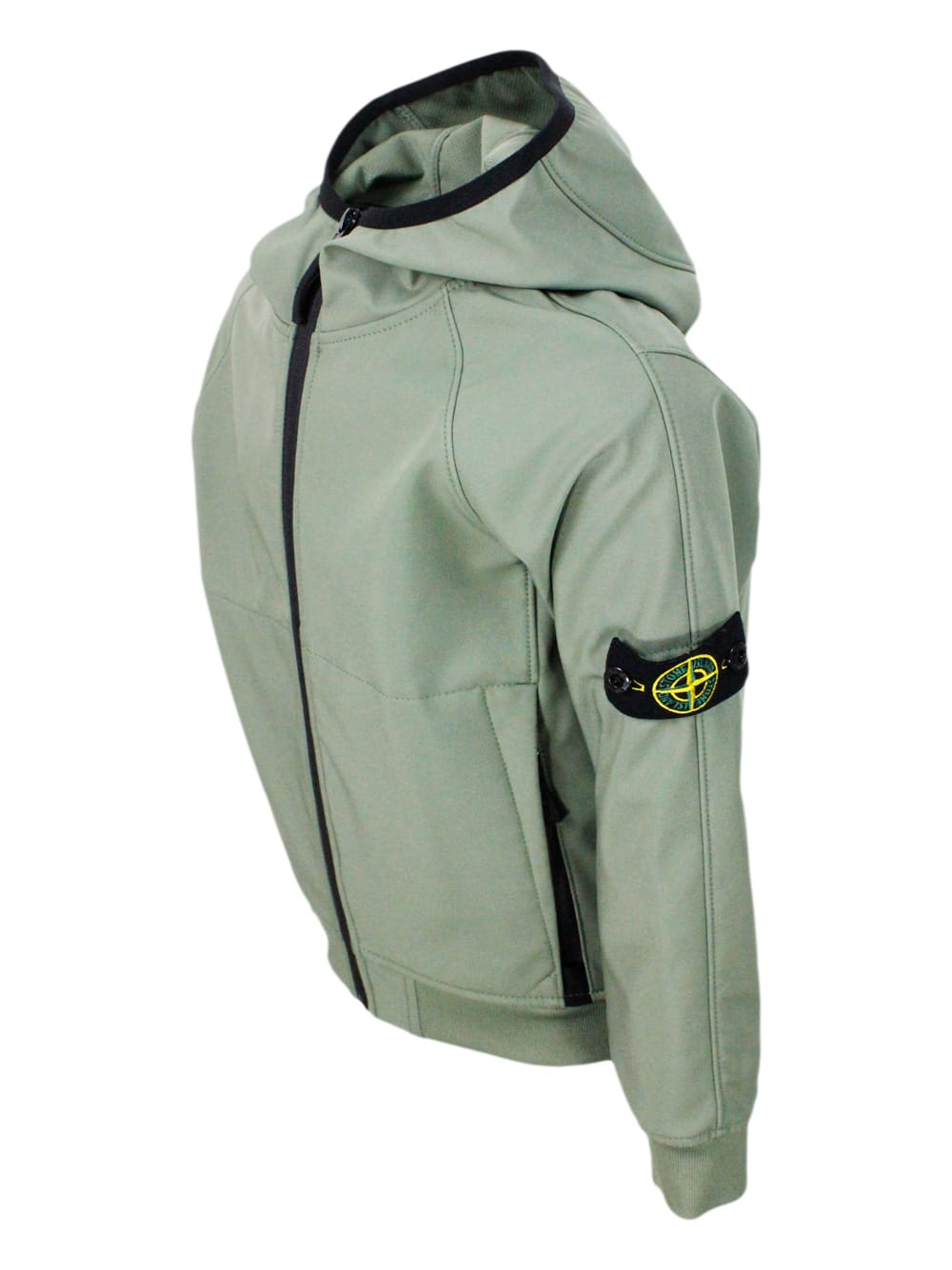 Stone Island Jacket In Water Resistant Technical Fabric With Hood And Zip Closure. Logo Applied On The Sleeve In Military