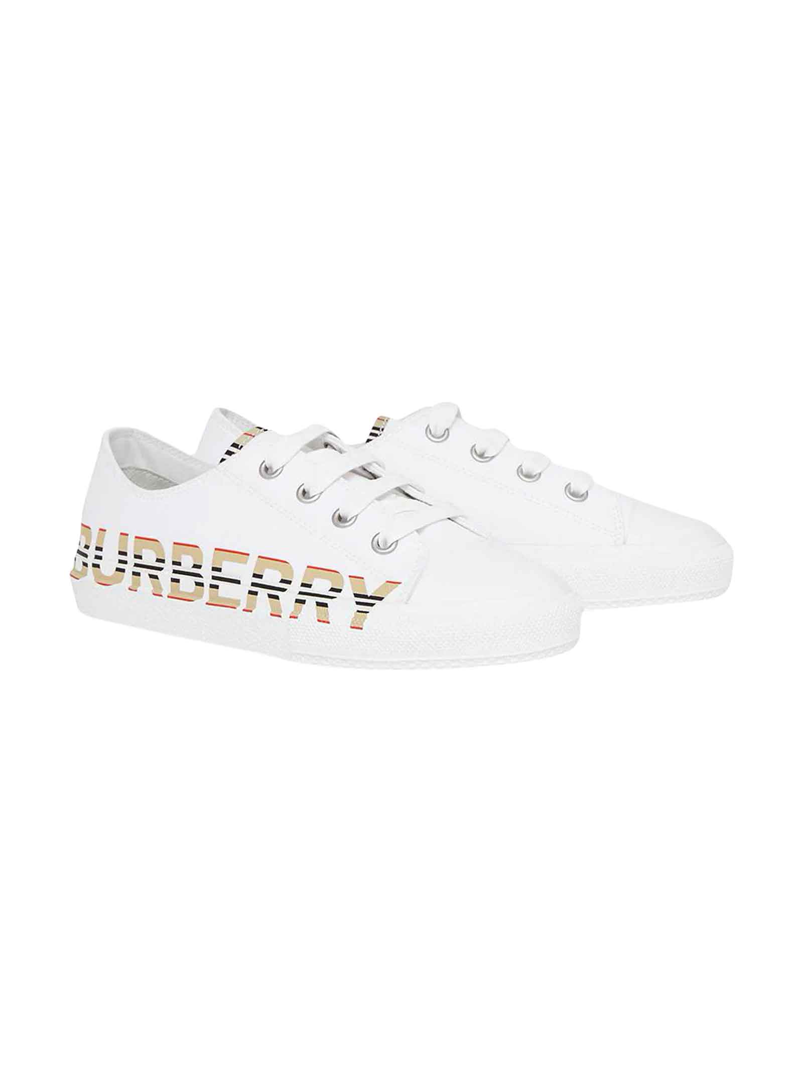 Burberry White Sneakers With Check Insert And Logo