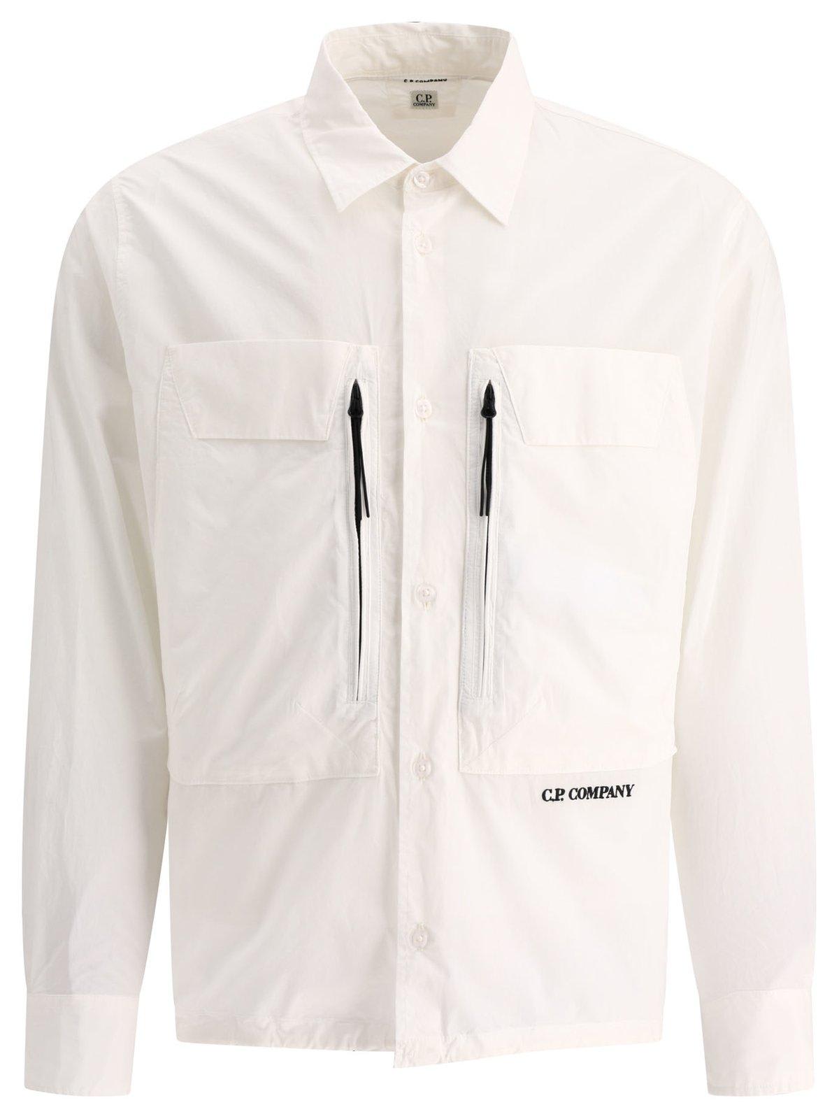 Shop C.p. Company Logo Embroidered Buttoned Poplin Overshirt In Gauze White