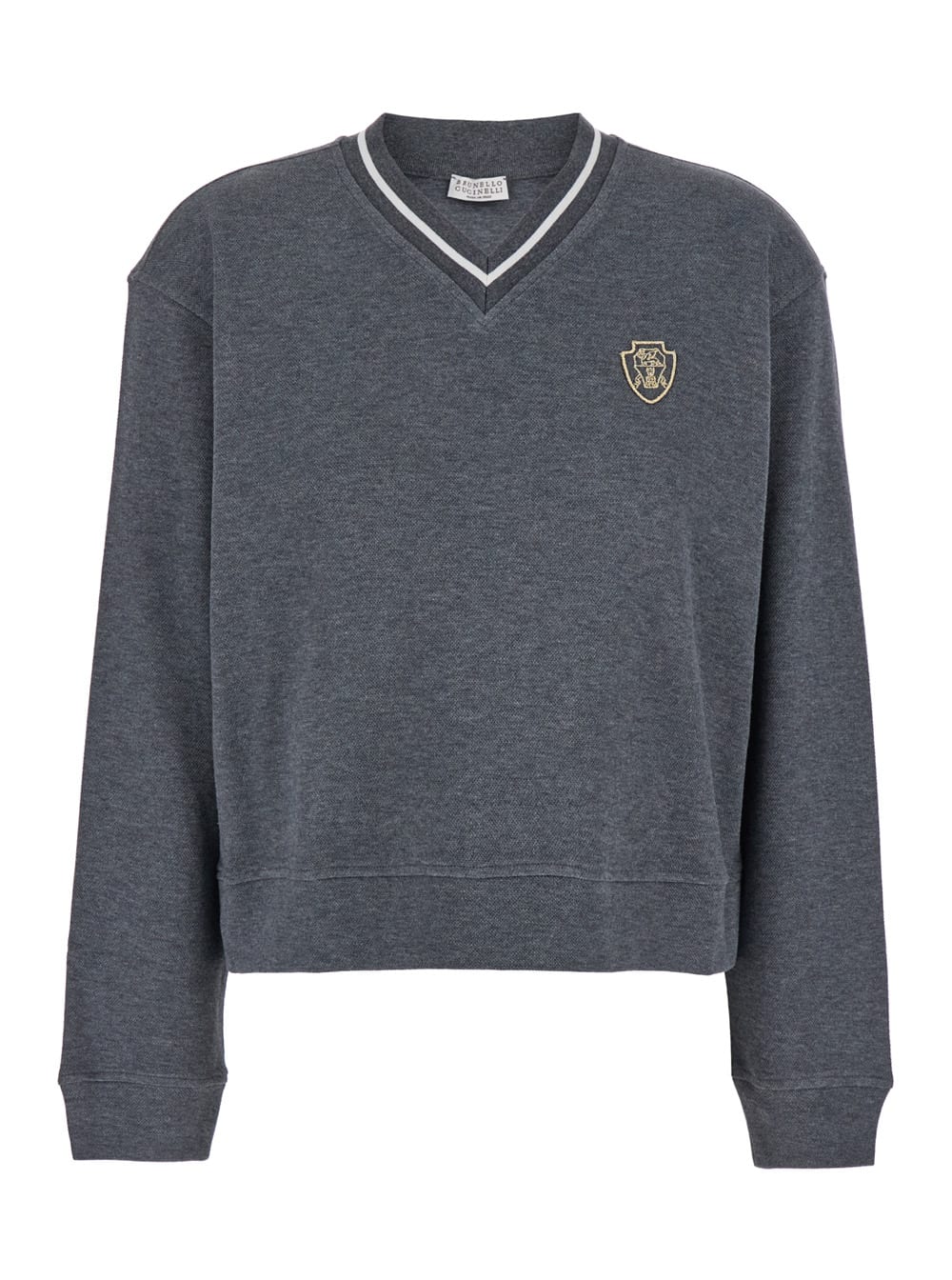 Shop Brunello Cucinelli Grey Sweatshirt With Logo Detail On The Front In Cotton Blend Woman