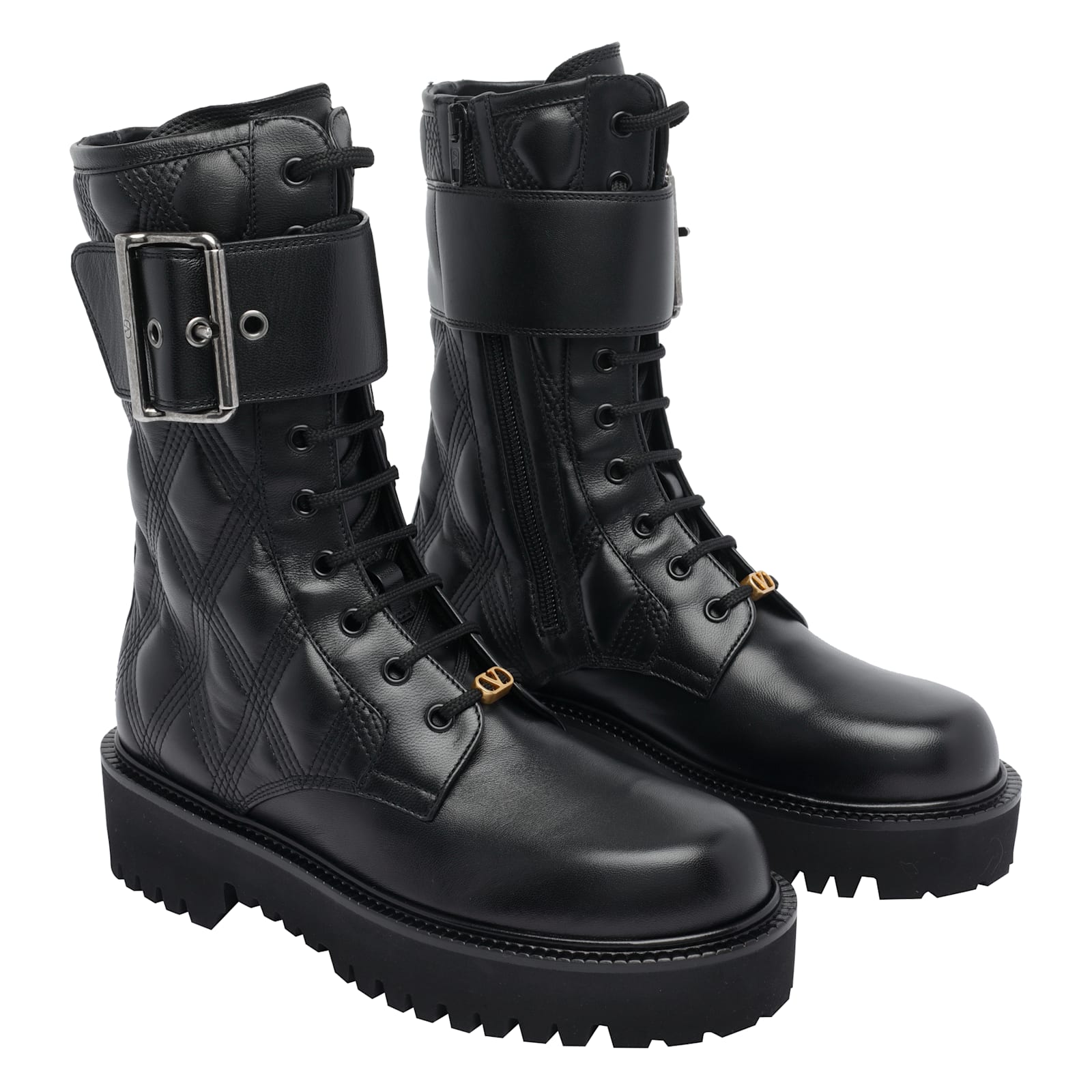 Valentino Quilted Combat Booties Buckle Detail In Black