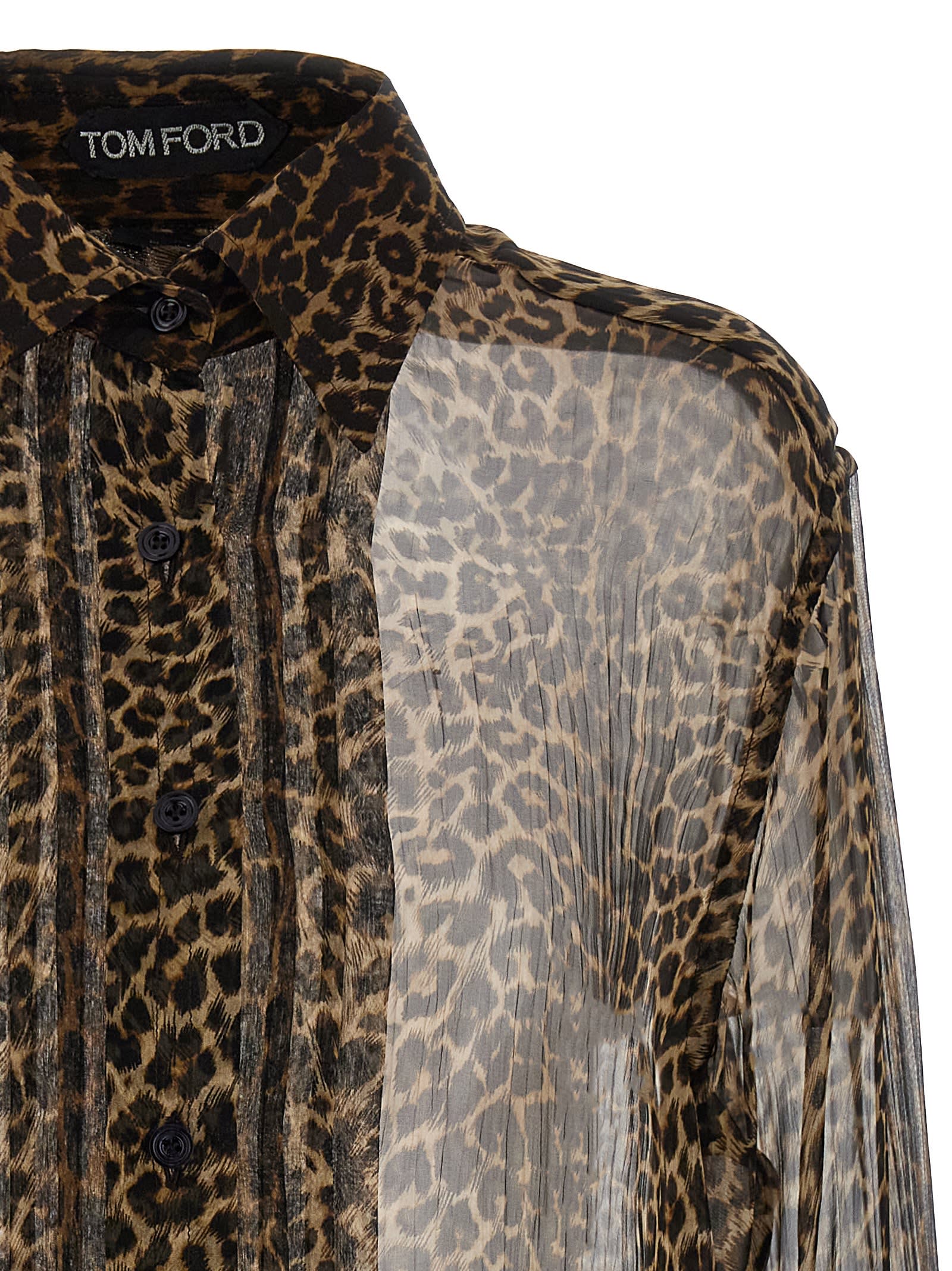 Tom Ford Semi-transparent Silk Chiffon Shirt In Leopard Brown & Black