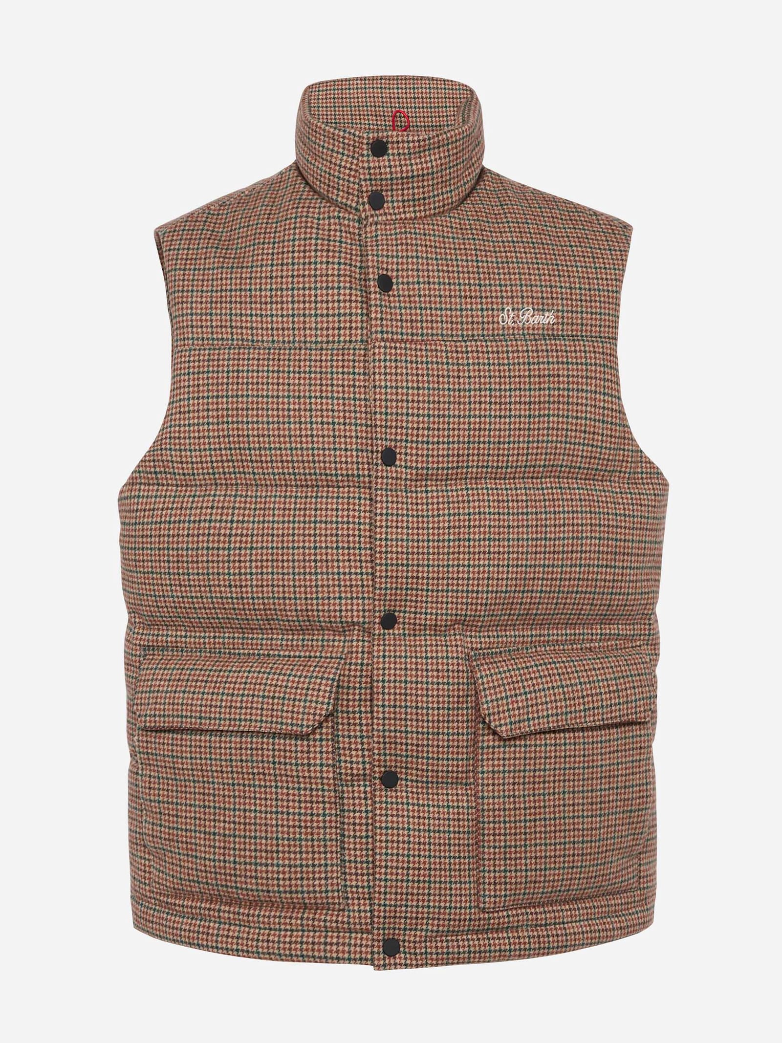 Mc2 Saint Barth Down Padded Vest Thunder With Pied De Poul Print In Green