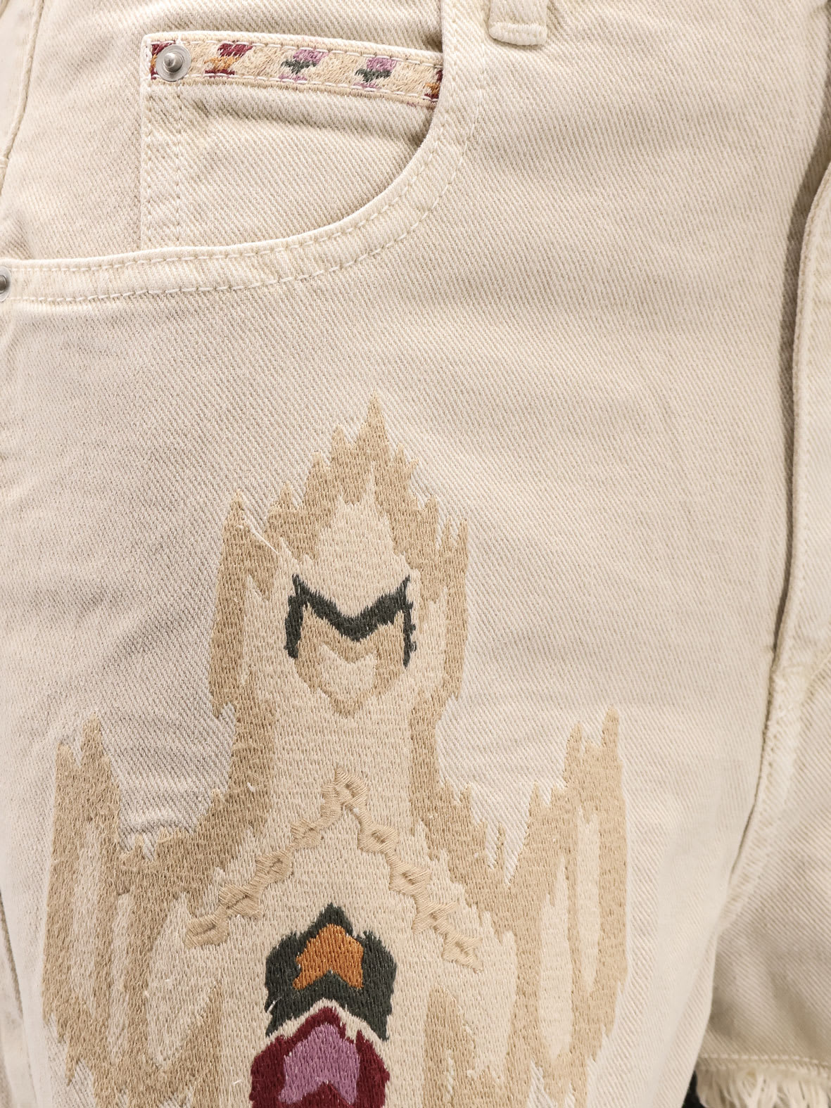Isabel Marant Étoile Lesia Beige Shorts With Fringed Hem And Embroidered Motif In Denim Woman In Ecru