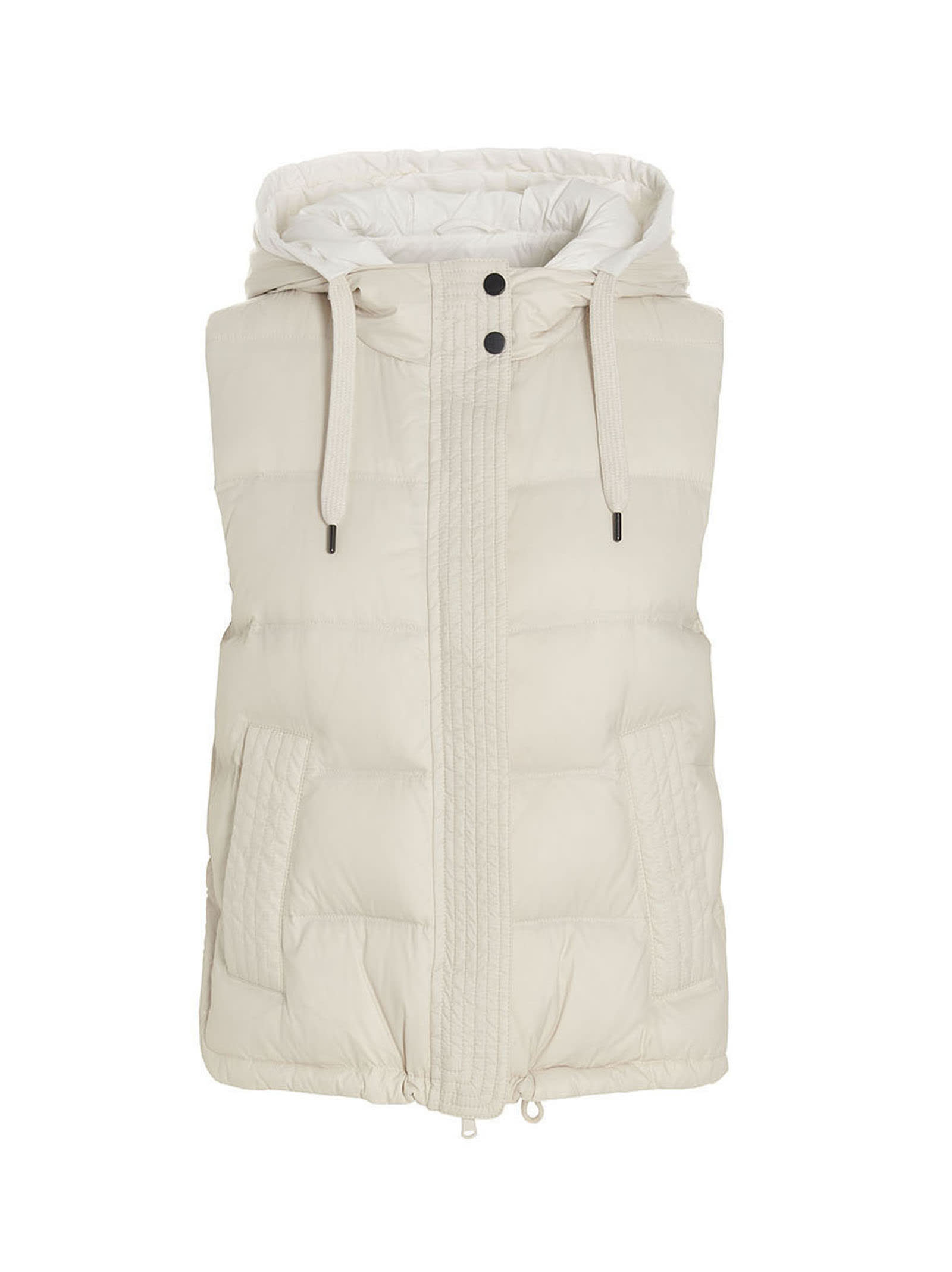 Sleeveless Down Jacket In Lightweight Nylon With Hood And Rows Of Brilliant Jewels Along The Closure