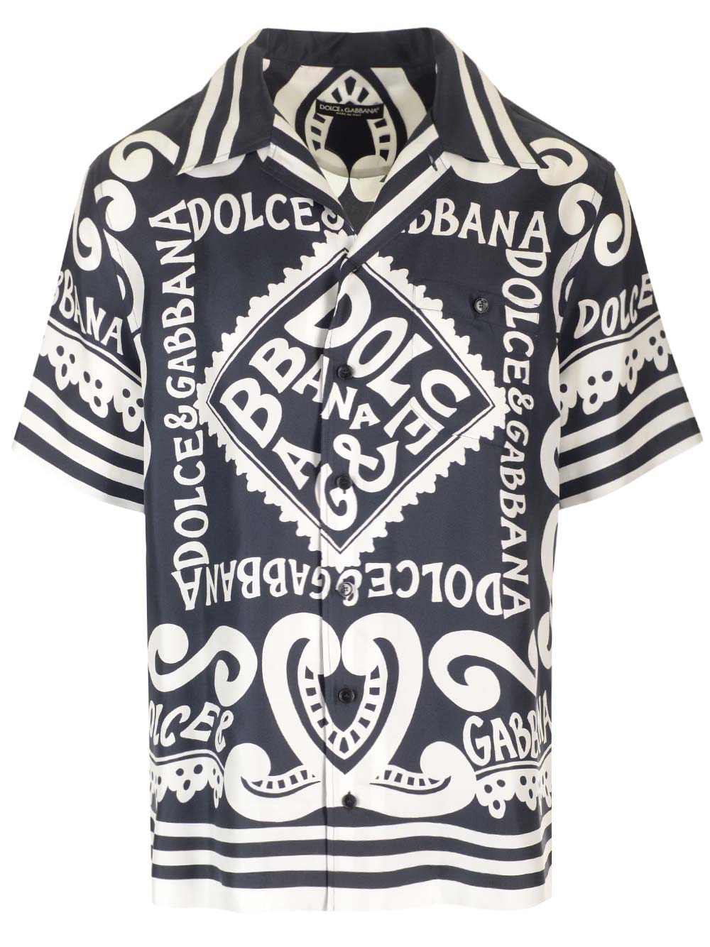 Shop Dolce & Gabbana Marina Print Blue Silk Twill Shirt In Black/white