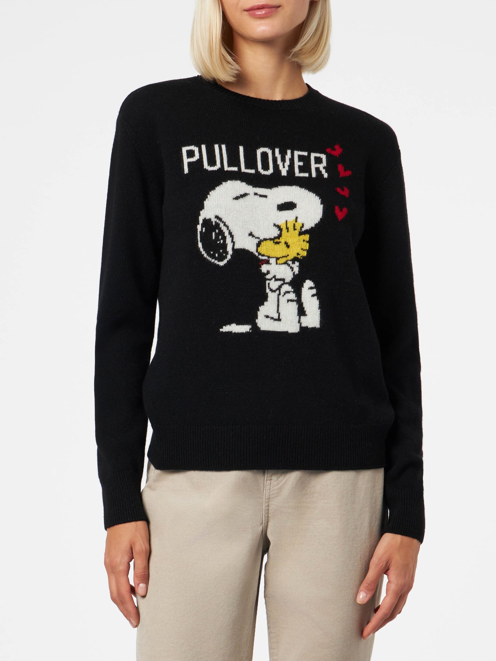 Shop Mc2 Saint Barth Woman Crewneck Black Sweater With Snoopy And Woodstock Print Snoopy Peanuts Special Edition