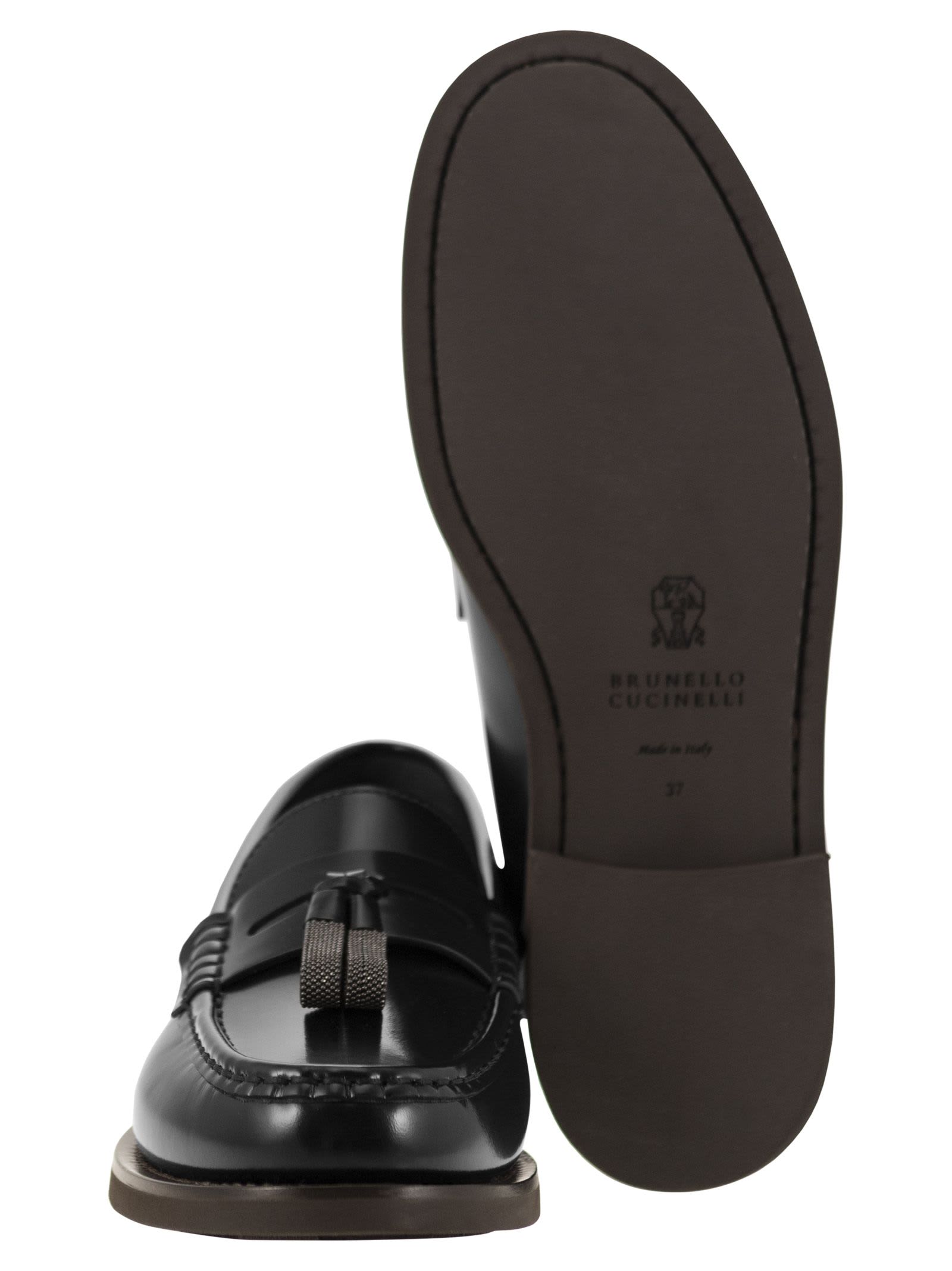 Shop Brunello Cucinelli Minimal Calfskin Moccasin With Shiny Tassels In Black