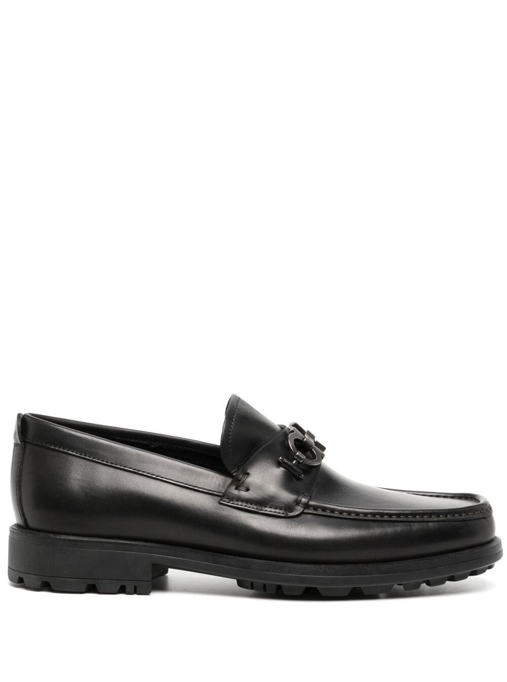 Shop Ferragamo David Black Loafers Wirh Gancini Details In Leather Man